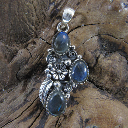 Solid 925 Sterling Silver Flower Pendant With Oval Gemstone Cabochons: Labradorite, Moonstone, Turquoise, Spiny Oyster, Floral Jewelry