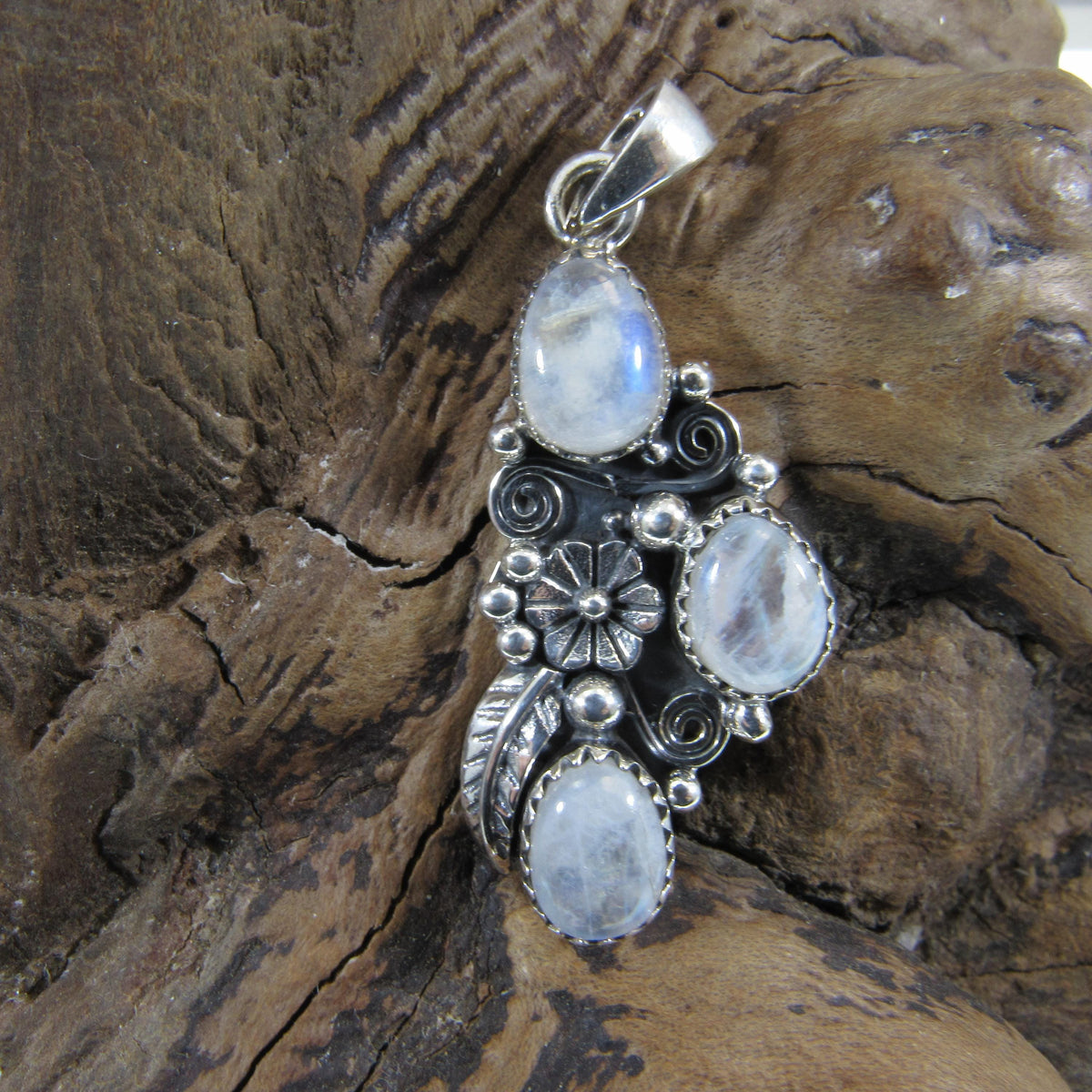 Solid 925 Sterling Silver Flower Pendant With Oval Gemstone Cabochons: Labradorite, Moonstone, Turquoise, Spiny Oyster, Floral Jewelry