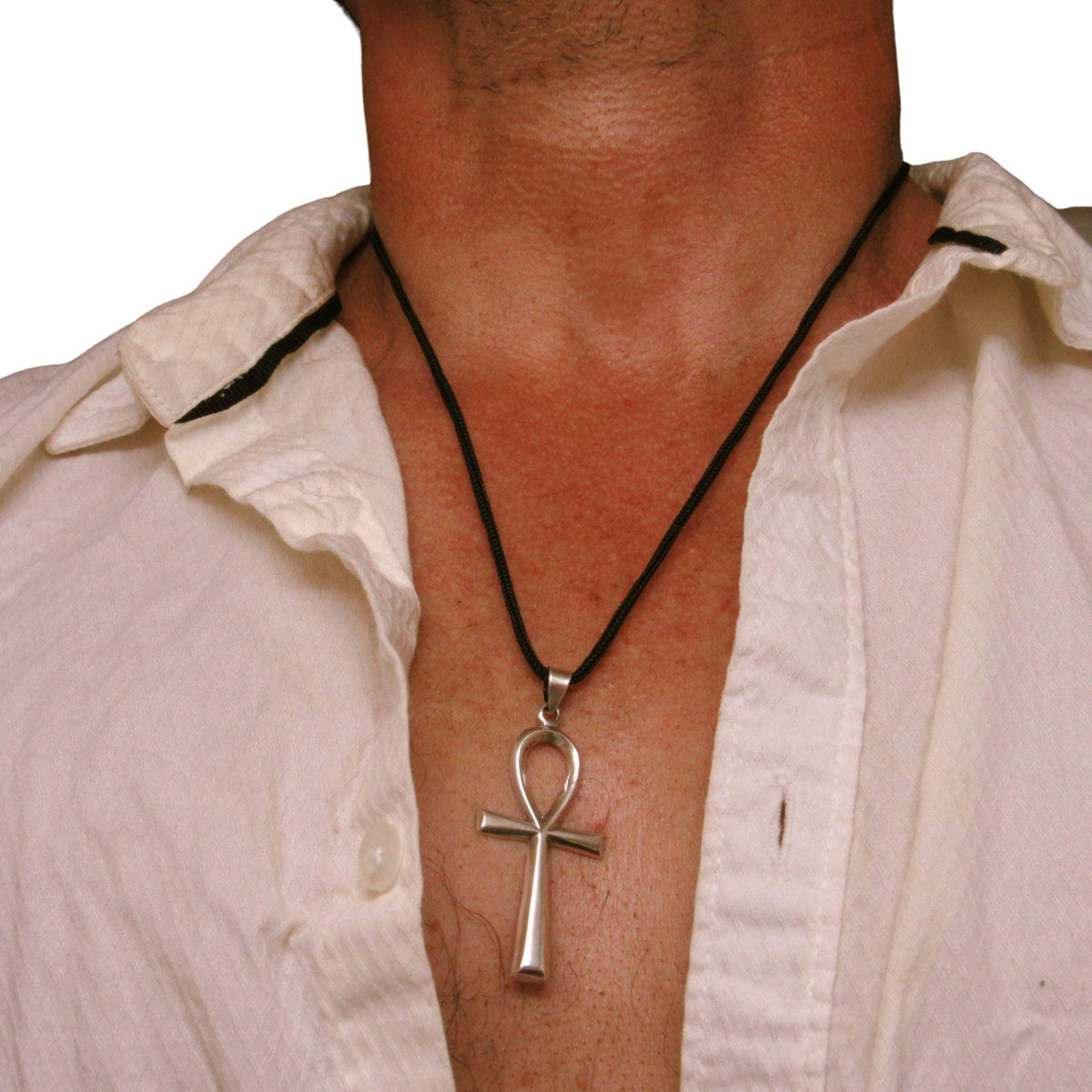 Egyptian Ankh Necklace for Men - Solid 925 Sterling Silver Cross Pendant - Mens Religious Jewelry - Men's Black Nylon Cord or Curb Chain