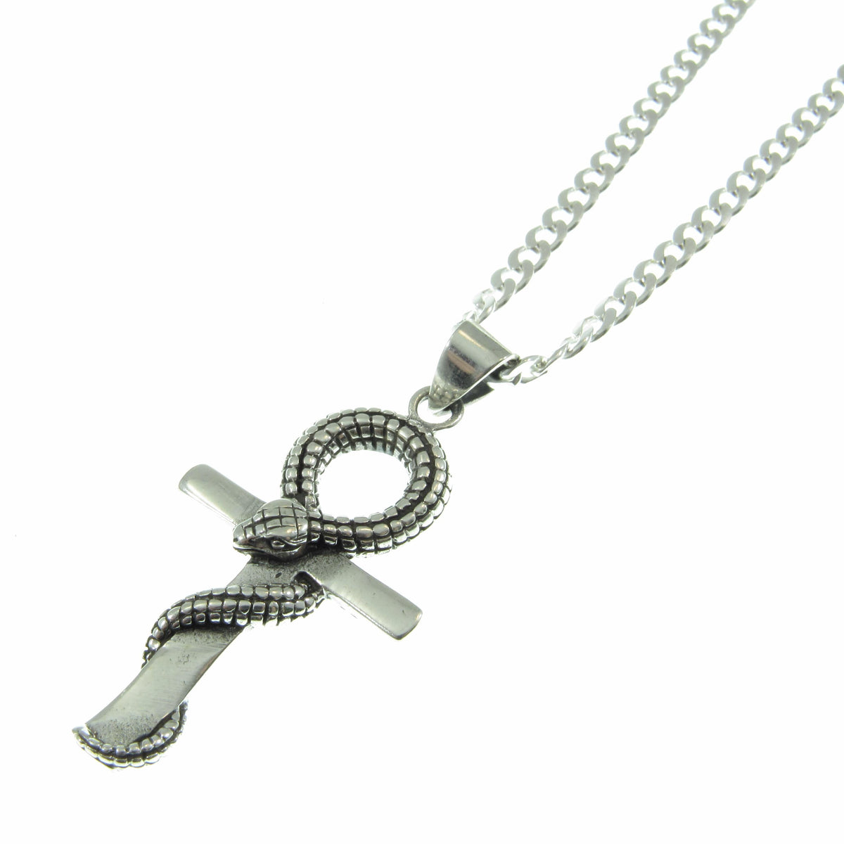 Egyptian Ankh & Snake Necklace for Men - Solid 925 Sterling Silver Cross Pendant - Mens Jewelry - Men's Black Nylon Cord or Curb Chain