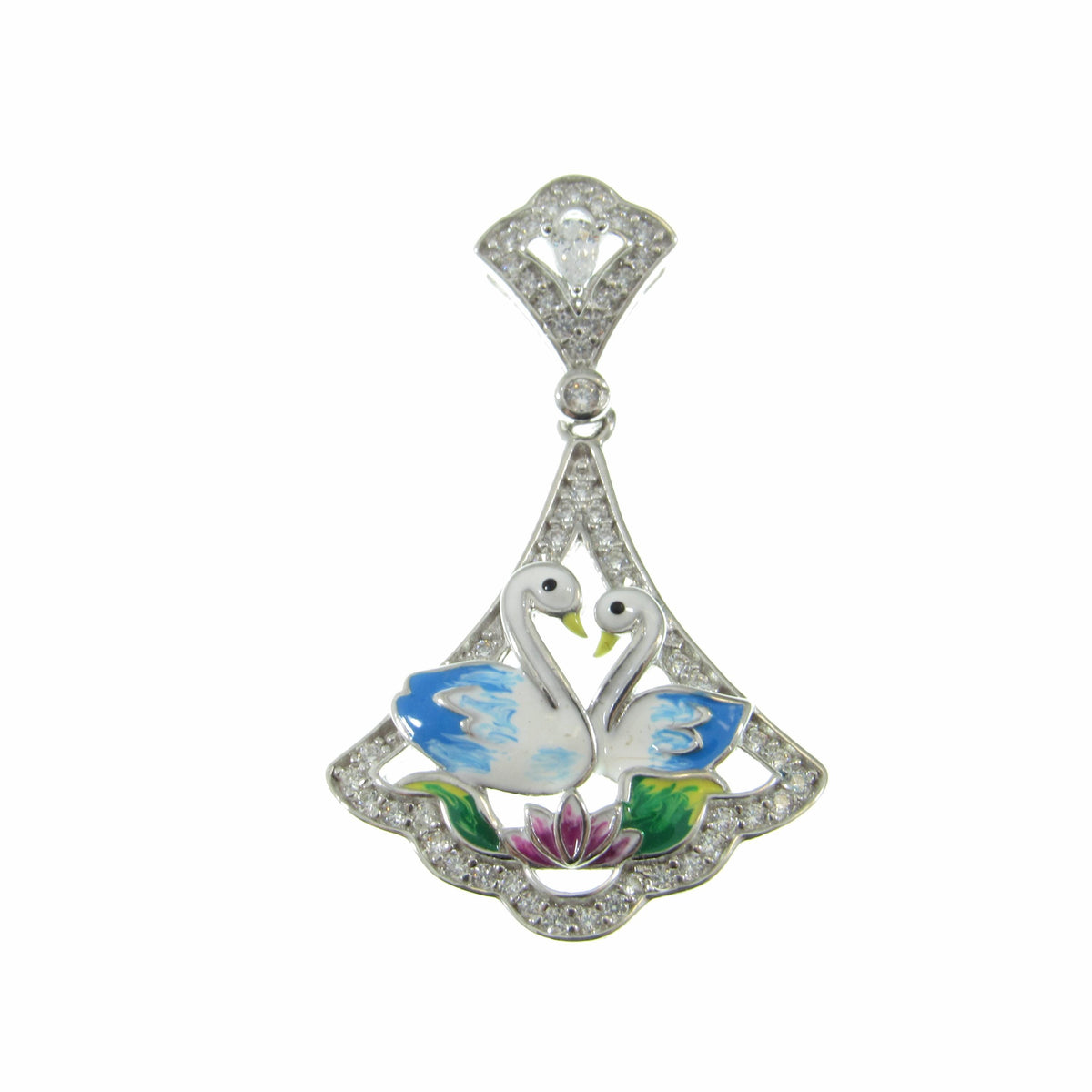 Solid 925 Sterling Silver Swan Pendant, Blue & White Enamel Swans and Flower Scene, Handcrafted Art Deco Charm, Vintage Style Summer Jewelry