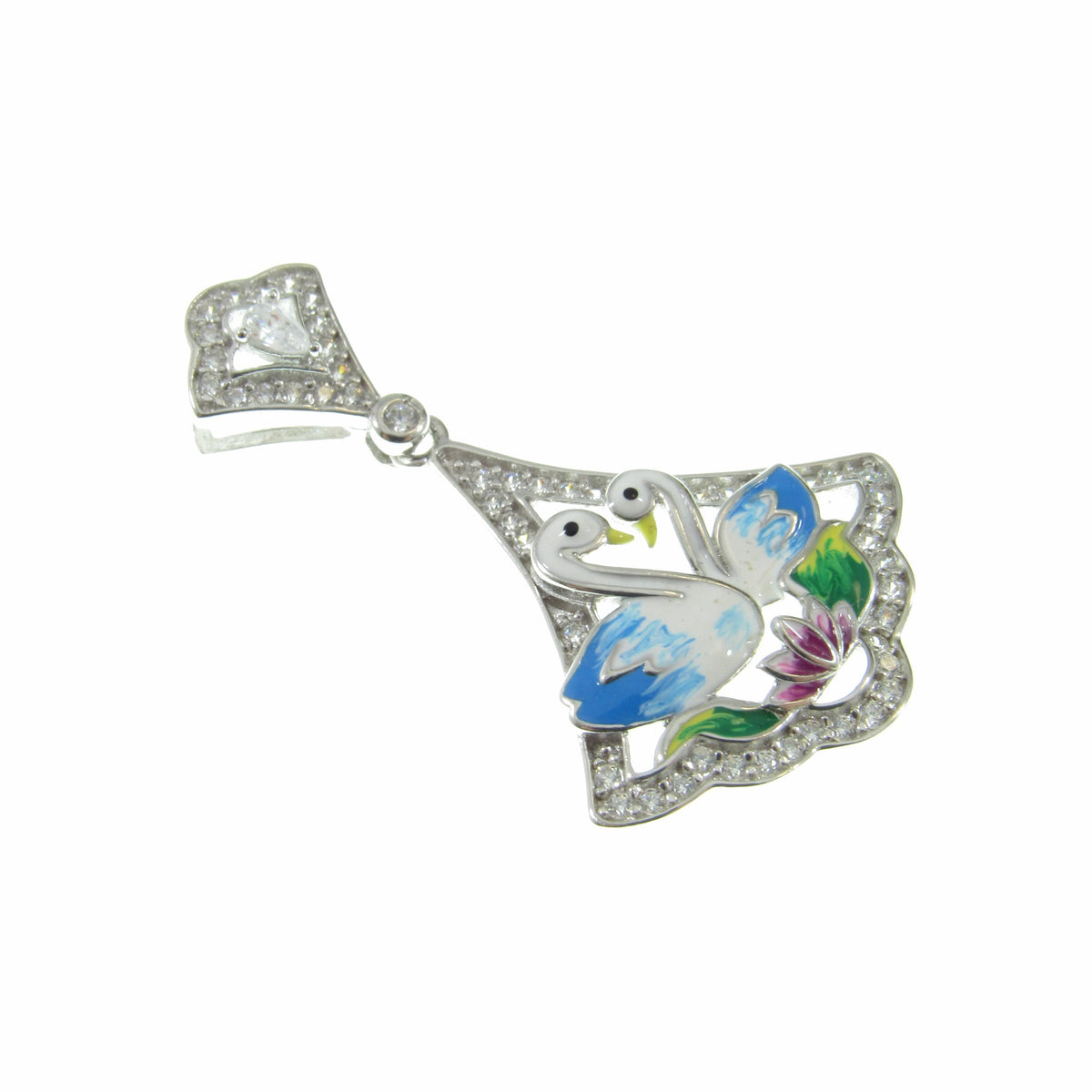 Solid 925 Sterling Silver Swan Pendant, Blue & White Enamel Swans and Flower Scene, Handcrafted Art Deco Charm, Vintage Style Summer Jewelry