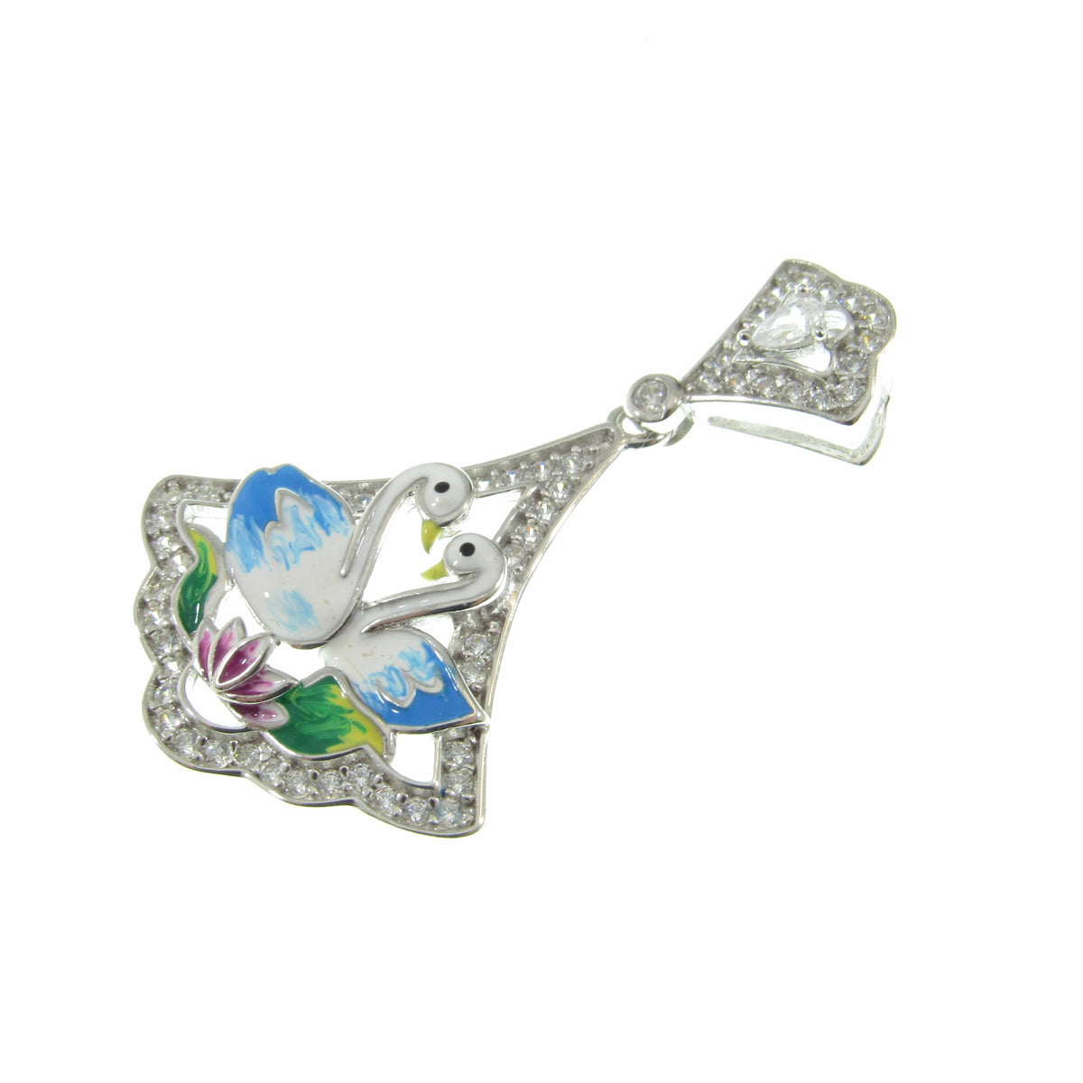 Solid 925 Sterling Silver Swan Pendant, Blue & White Enamel Swans and Flower Scene, Handcrafted Art Deco Charm, Vintage Style Summer Jewelry