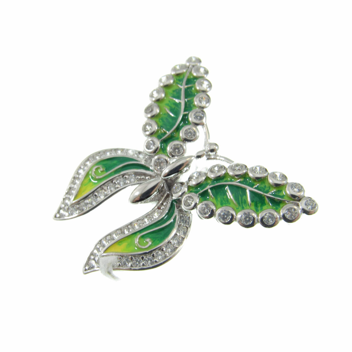 Solid 925 Sterling Silver and Green Enamel Butterfly Pendant - Green & Clear CZ Accents - Nature Inspired Insect Jewelry - Gift for Her