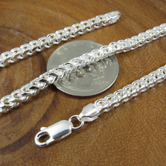 4MM Solid 925 Sterling Silver Franco Link Chain, Mens Diamond Cut Hip Hop Chain, Chunky Unisex Italian Necklace or Bracelet, 120 Gauge