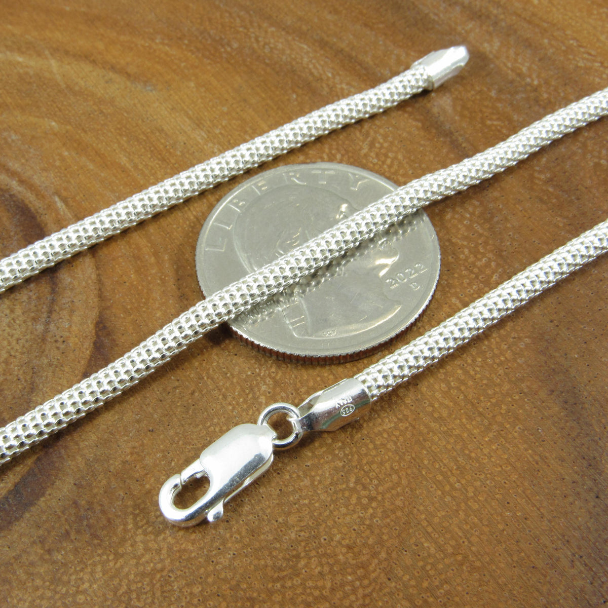 3MM Solid 925 Sterling Silver Popcorn Mesh Chain, Italian Women's Necklace, Made in Italy, Minimalist Feminine Style, Elegant Coreana Chain