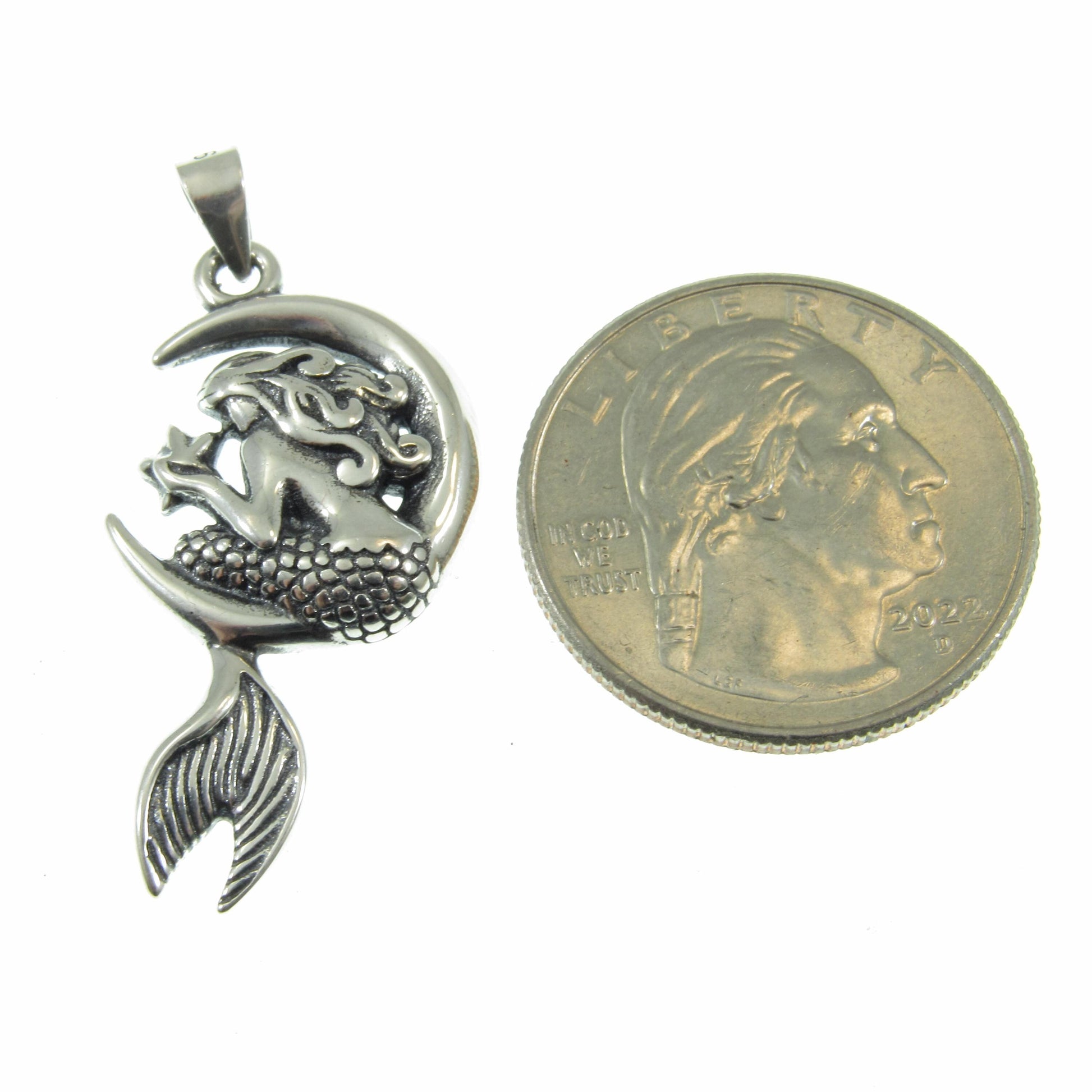 925 Mermaid on Moon Pendant Necklace, Solid Sterling Silver Cosmic & Nautical Ocean Life Jewelry