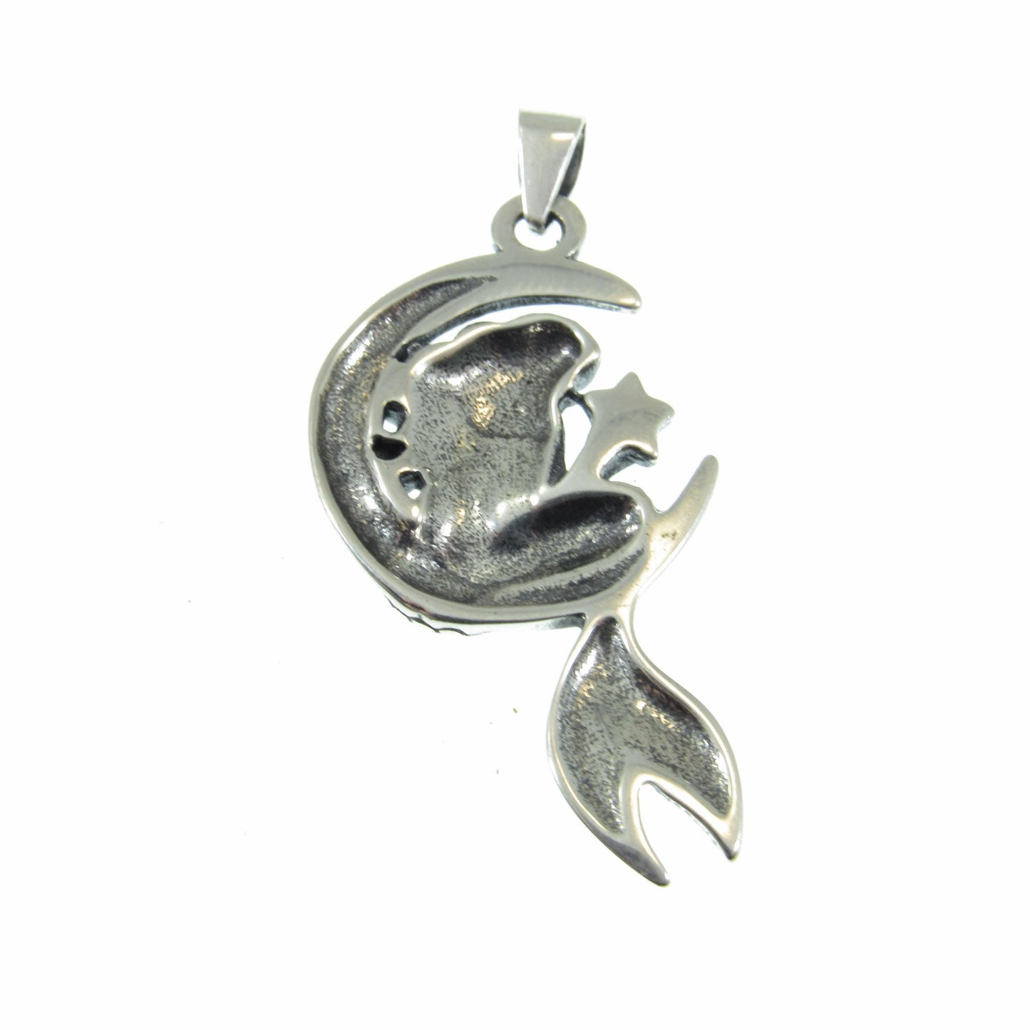 925 Mermaid on Moon Pendant Necklace, Solid Sterling Silver Cosmic & Nautical Ocean Life Jewelry