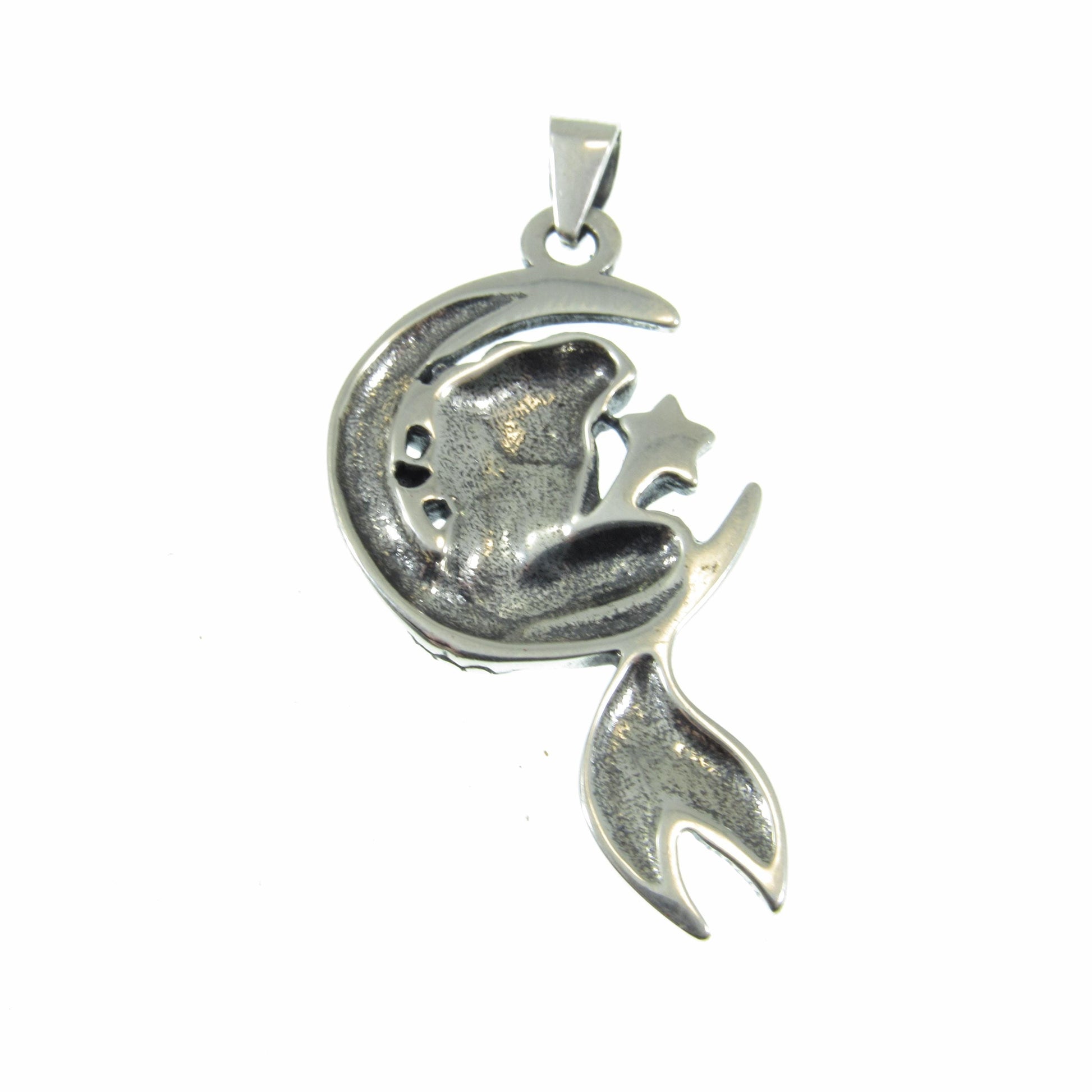 925 Mermaid on Moon Pendant Necklace, Solid Sterling Silver Cosmic & Nautical Ocean Life Jewelry
