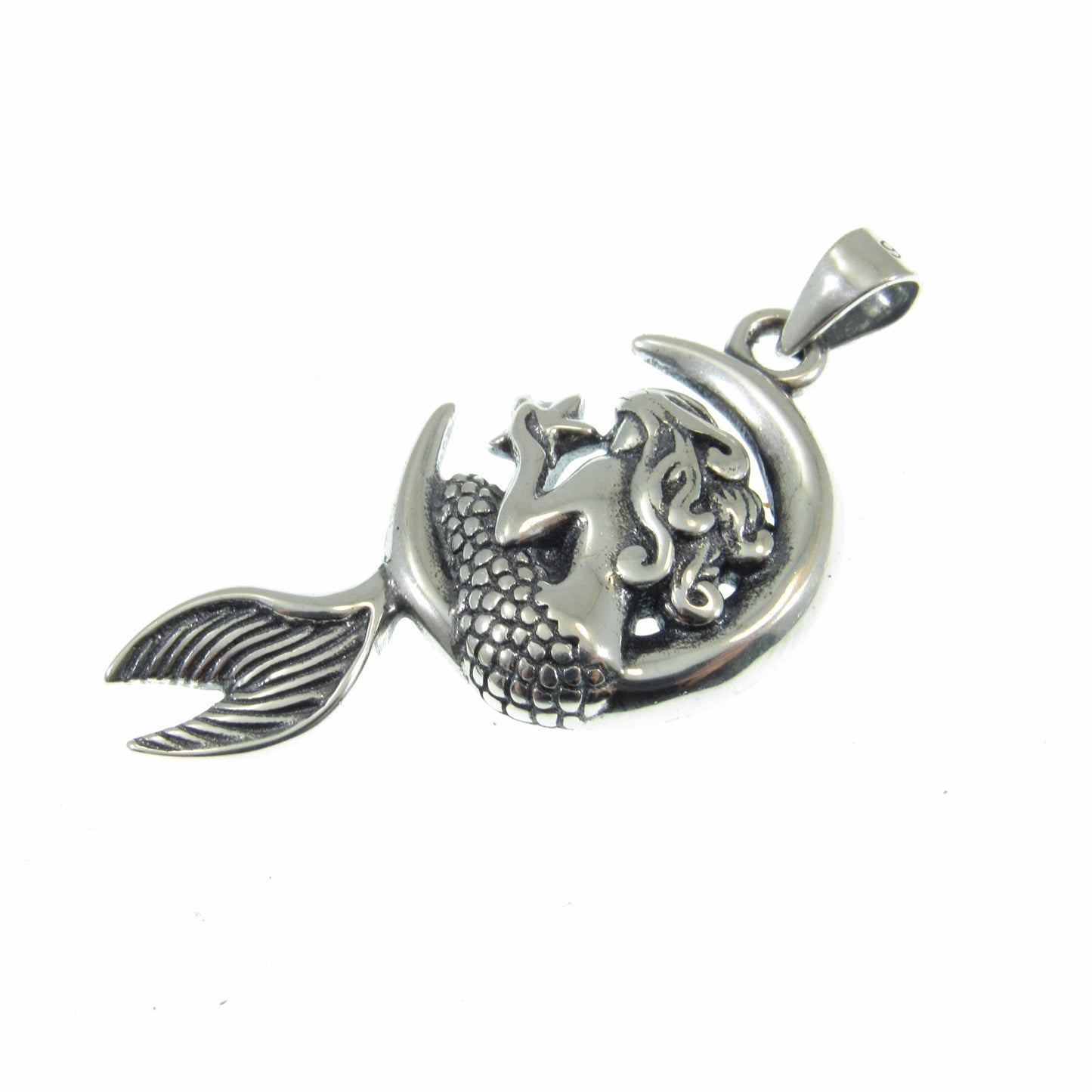 925 Mermaid on Moon Pendant Necklace, Solid Sterling Silver Cosmic & Nautical Ocean Life Jewelry