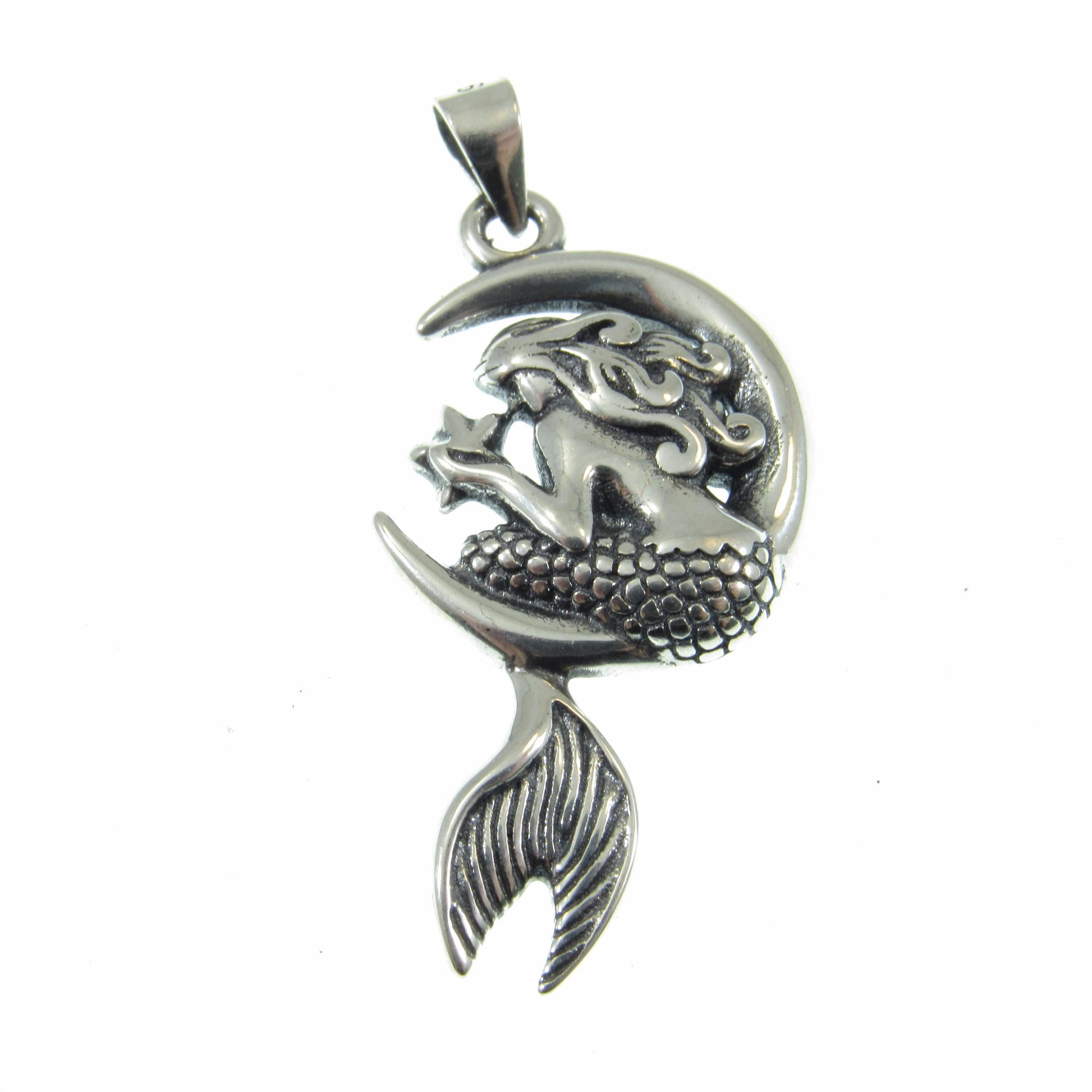 925 Mermaid on Moon Pendant Necklace, Solid Sterling Silver Cosmic & Nautical Ocean Life Jewelry