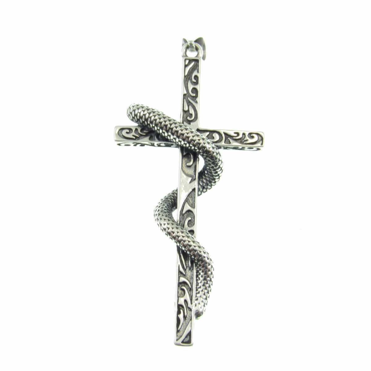Solid 925 Sterling Silver Slithering Snake on Christian Cross Pendant, Ornate Religious Jewelry for Men and Women, Gothic Cross with Serpent