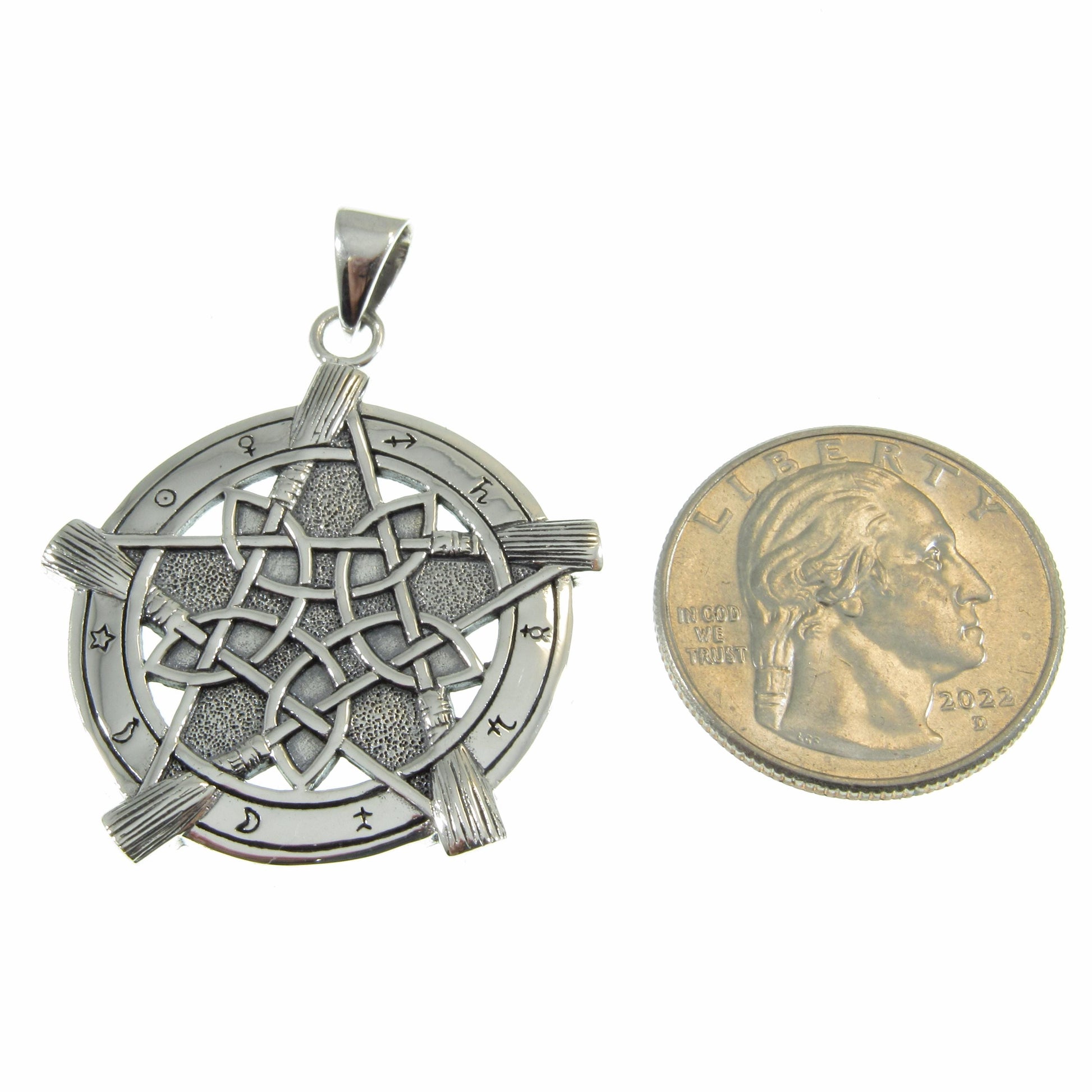 Solid 925 Sterling Silver Universal Broom Pentacle Pendant with Zodiac Symbols, Pagan Jewelry Amulet