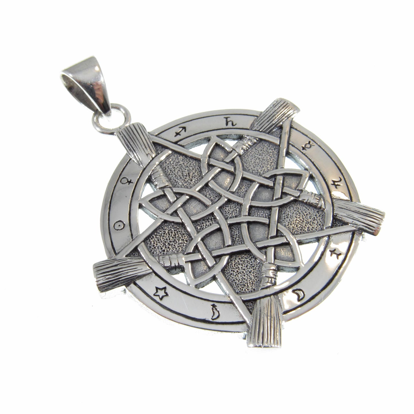 Solid 925 Sterling Silver Universal Broom Pentacle Pendant with Zodiac Symbols, Pagan Jewelry Amulet