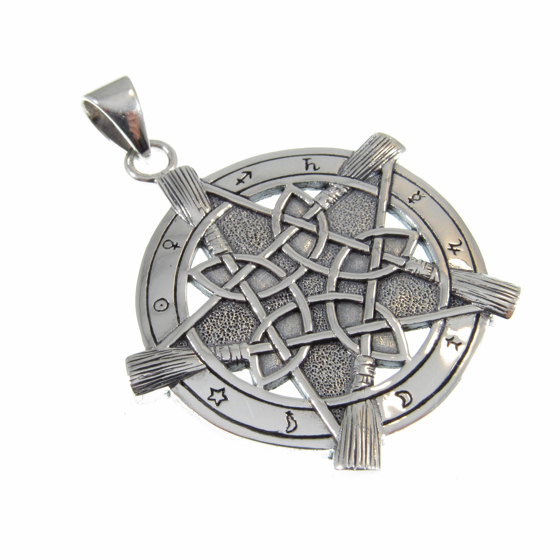 Solid 925 Sterling Silver Universal Broom Pentacle Pendant with Zodiac Symbols, Pagan Jewelry Amulet