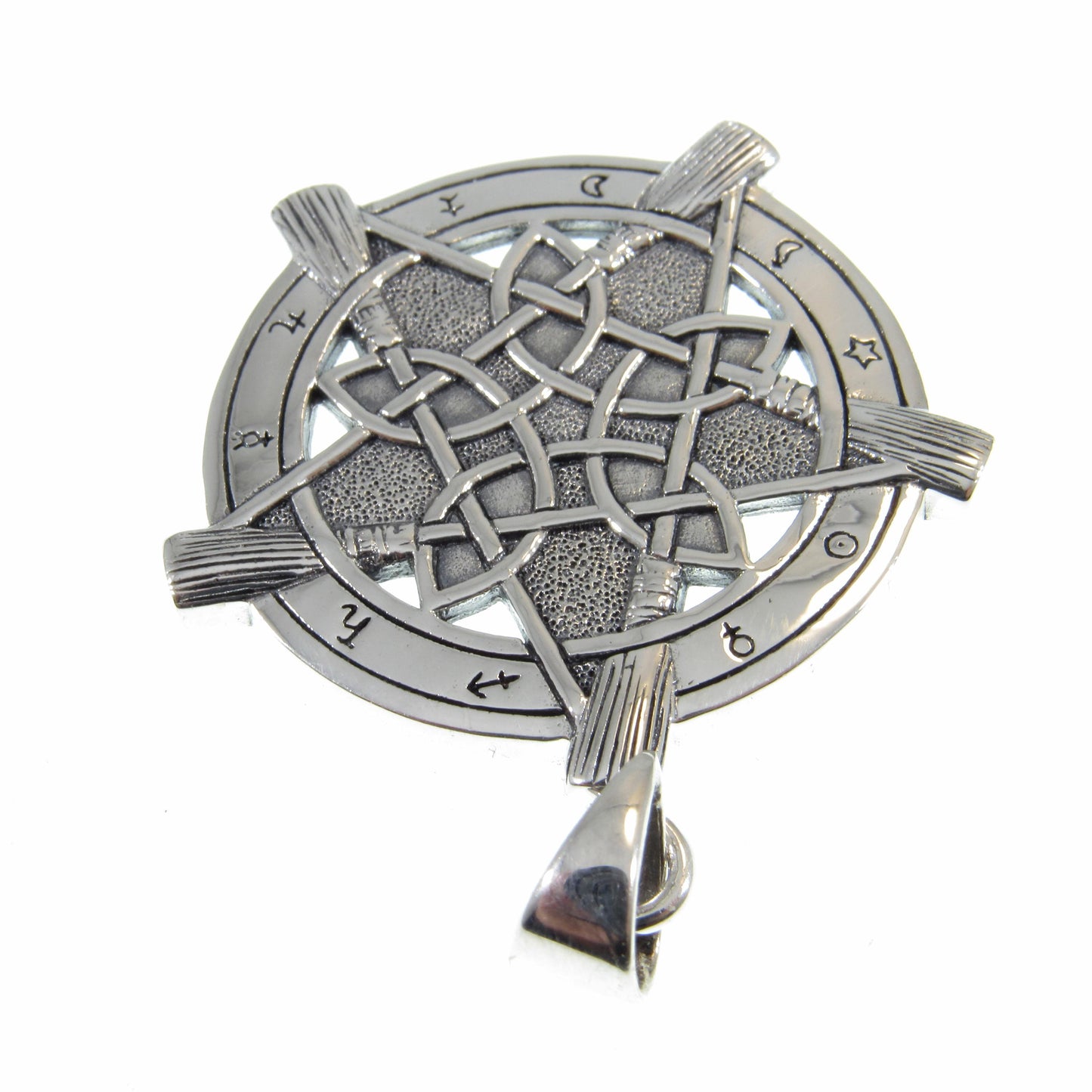 Solid 925 Sterling Silver Universal Broom Pentacle Pendant with Zodiac Symbols, Pagan Jewelry Amulet
