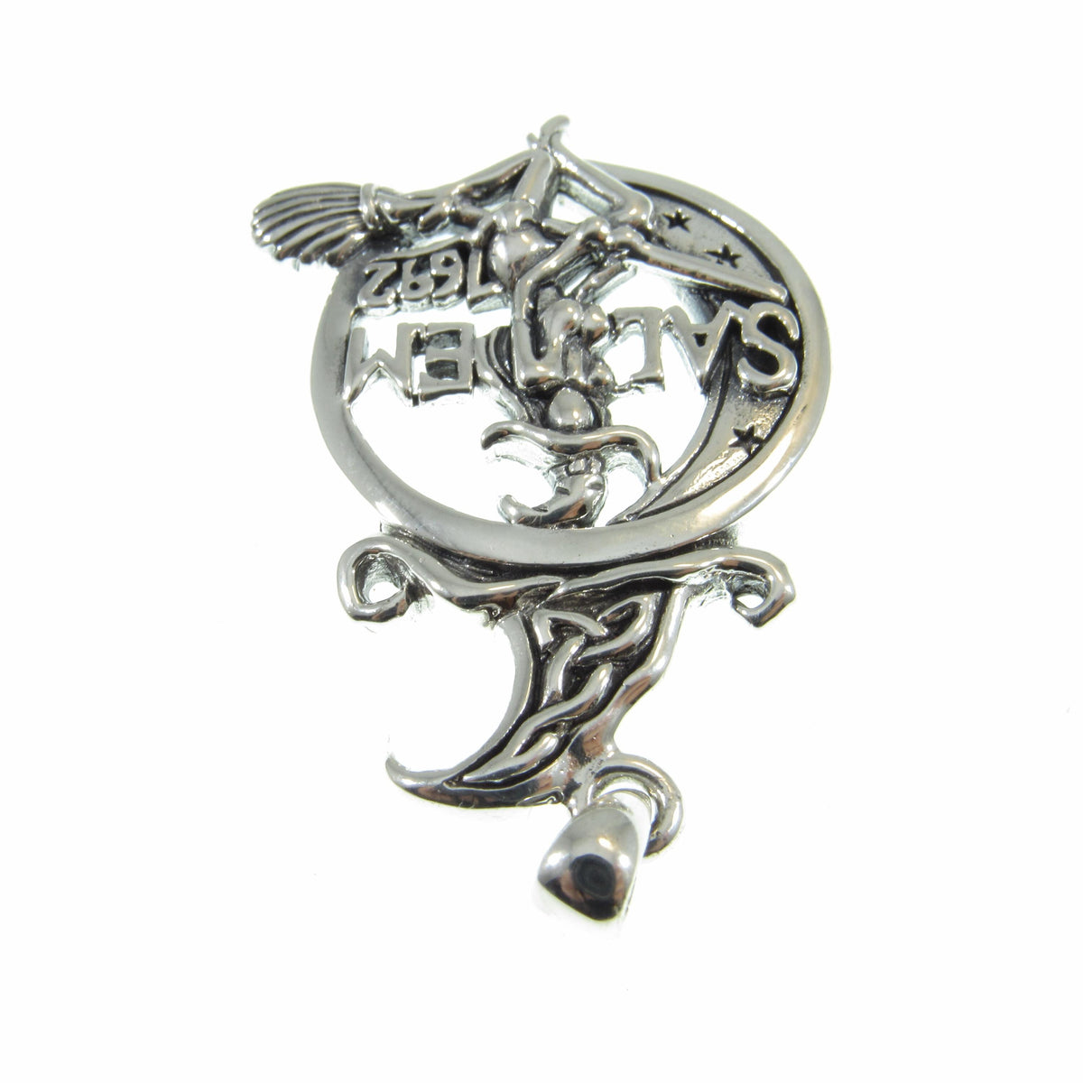 Solid 925 Sterling Silver Salem 1692 Witch Pendant, Broom Riding Witchcraft Amulet