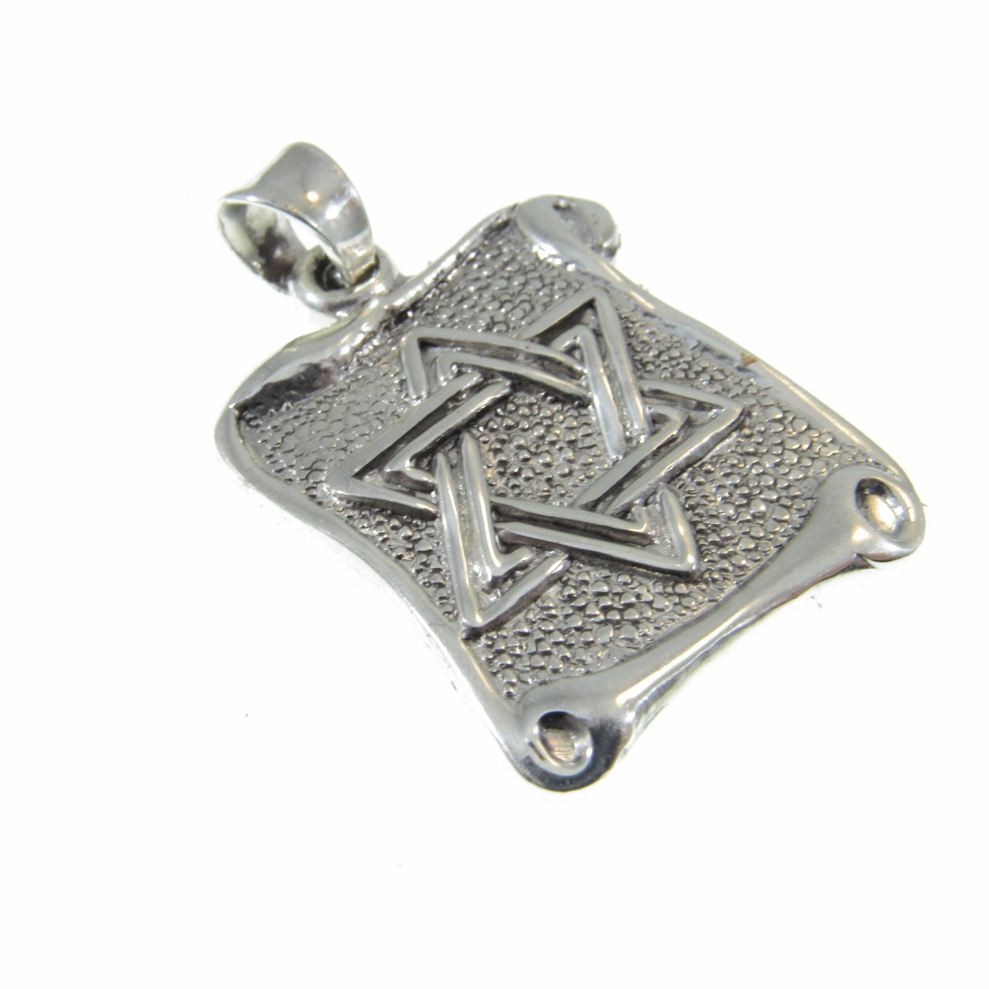 Solid 925 Sterling Silver Star of David Pendant with Scrolls, Hammered Metal on Parchment