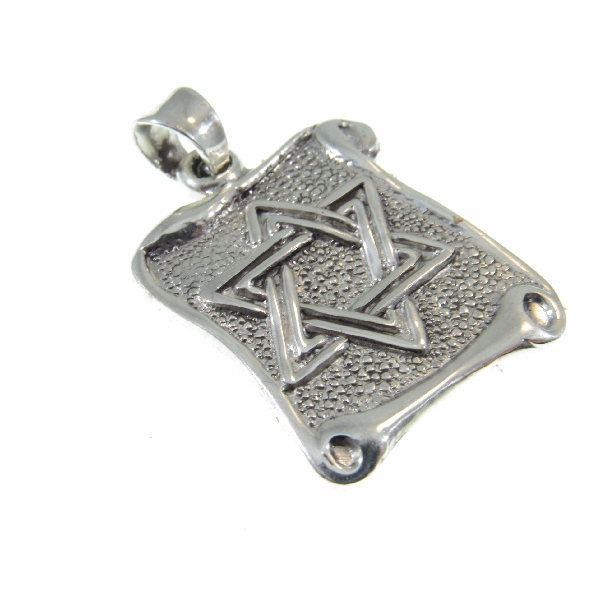 Solid 925 Sterling Silver Star of David Pendant with Scrolls, Hammered Metal on Parchment