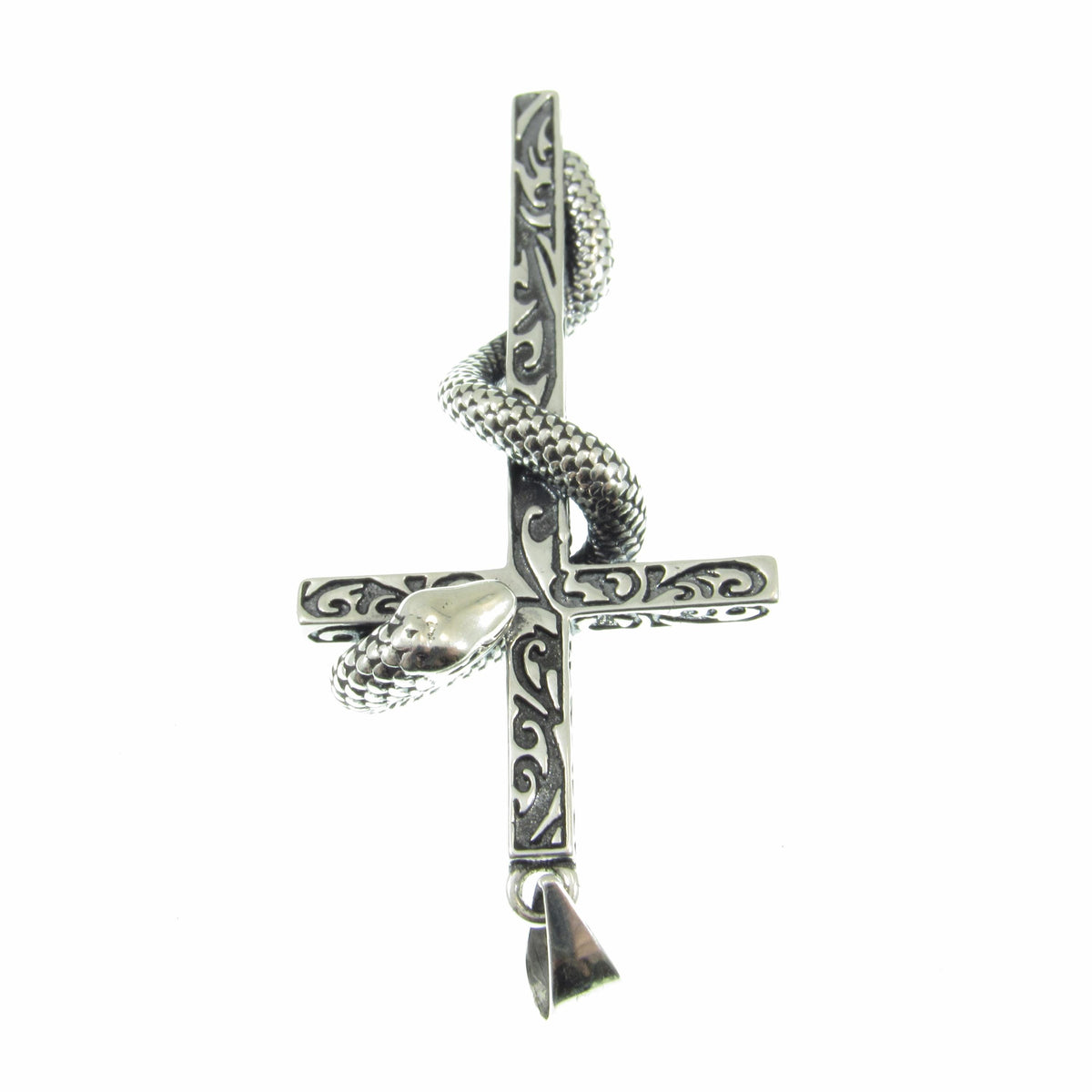 Solid 925 Sterling Silver Slithering Snake on Christian Cross Pendant, Ornate Religious Jewelry for Men and Women, Gothic Cross with Serpent