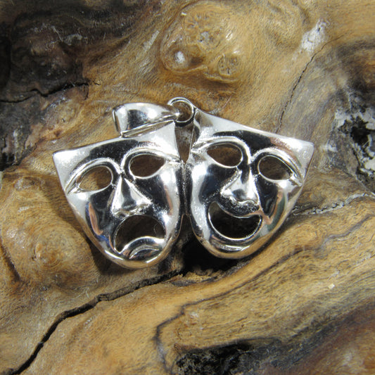Solid 925 Sterling Silver Theater Mask Pendant, Classical Theatre Comedy & Tragedy Masks, Laughing and Sad Faces Jewelry Charm