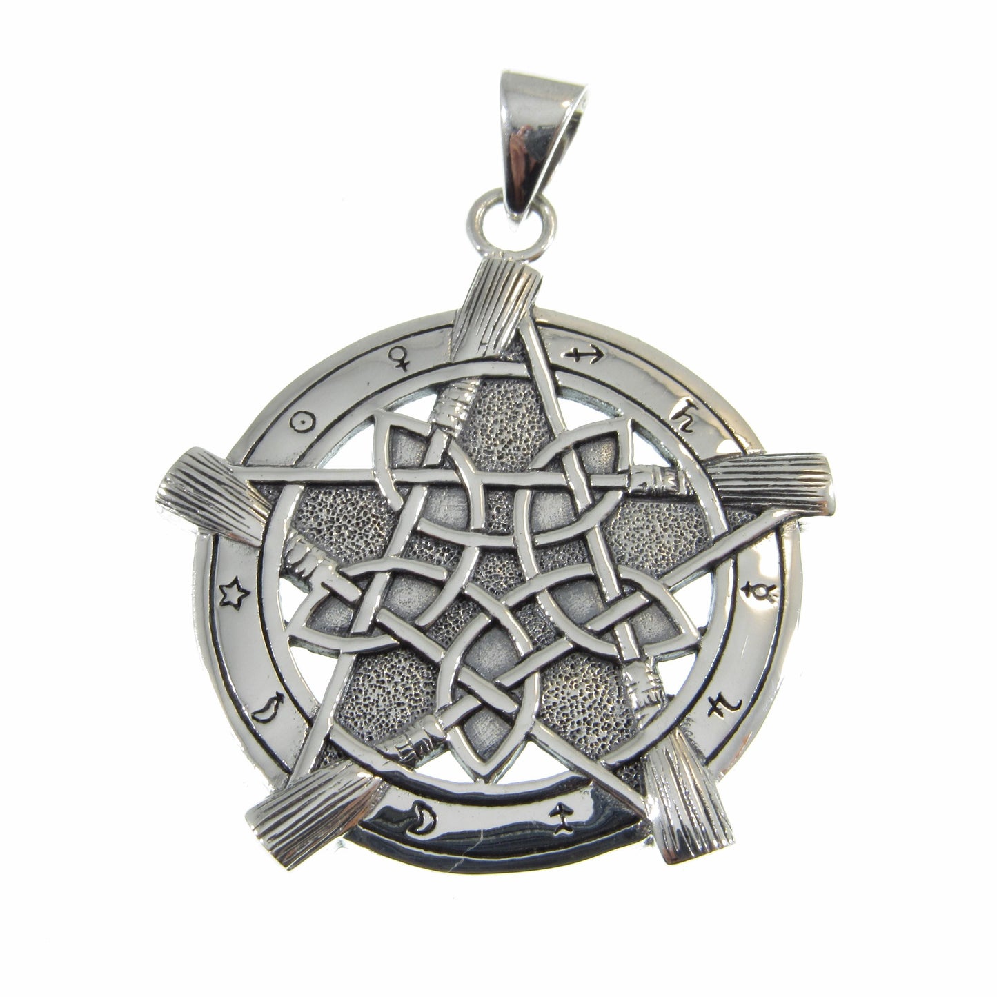 Solid 925 Sterling Silver Universal Broom Pentacle Pendant with Zodiac Symbols, Pagan Jewelry Amulet