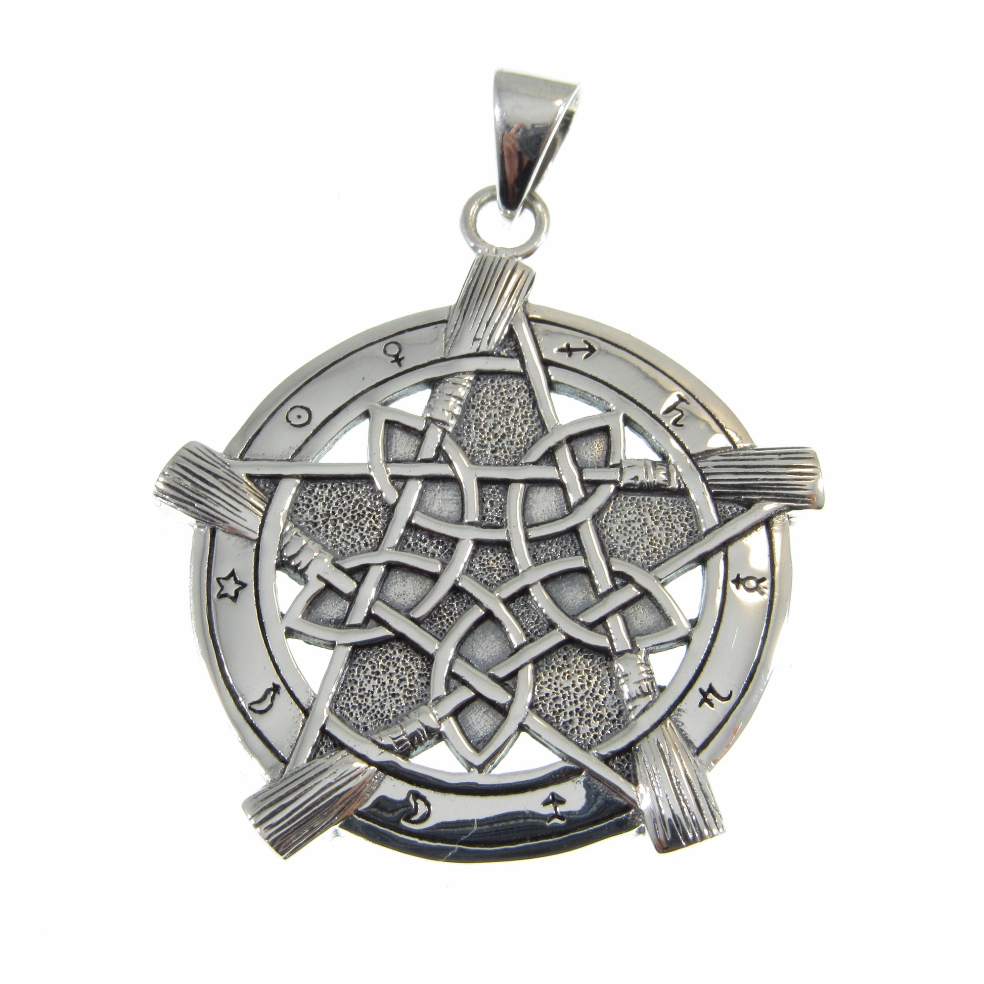Solid 925 Sterling Silver Universal Broom Pentacle Pendant with Zodiac Symbols, Pagan Jewelry Amulet