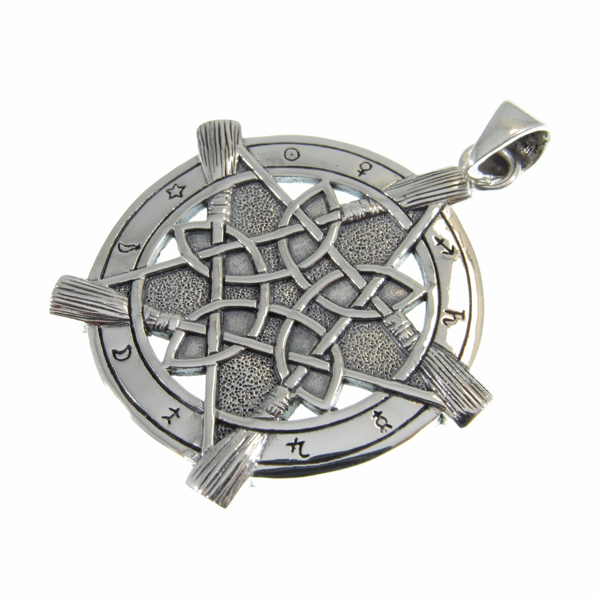Solid 925 Sterling Silver Universal Broom Pentacle Pendant with Zodiac Symbols, Pagan Jewelry Amulet