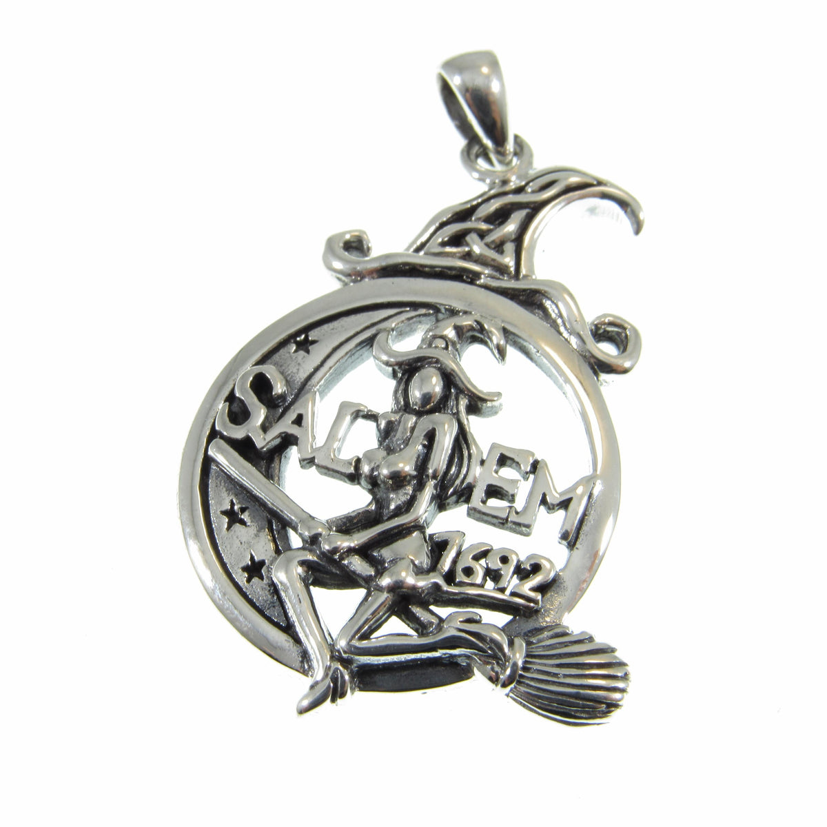 Solid 925 Sterling Silver Salem 1692 Witch Pendant, Broom Riding Witchcraft Amulet