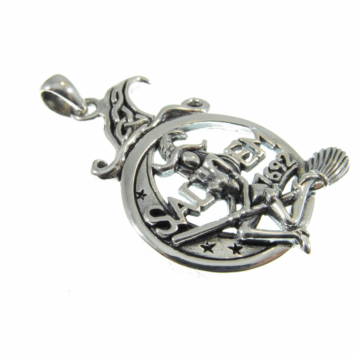 Solid 925 Sterling Silver Salem 1692 Witch Pendant, Broom Riding Witchcraft Amulet