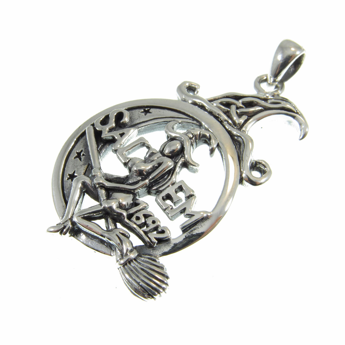 Solid 925 Sterling Silver Salem 1692 Witch Pendant, Broom Riding Witchcraft Amulet