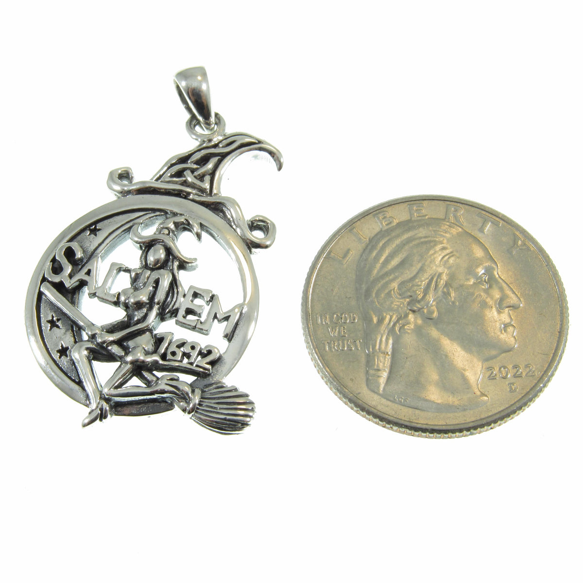 Solid 925 Sterling Silver Salem 1692 Witch Pendant, Broom Riding Witchcraft Amulet