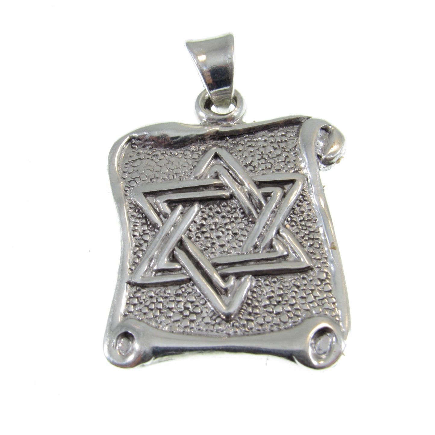 Solid 925 Sterling Silver Star of David Pendant with Scrolls, Hammered Metal on Parchment