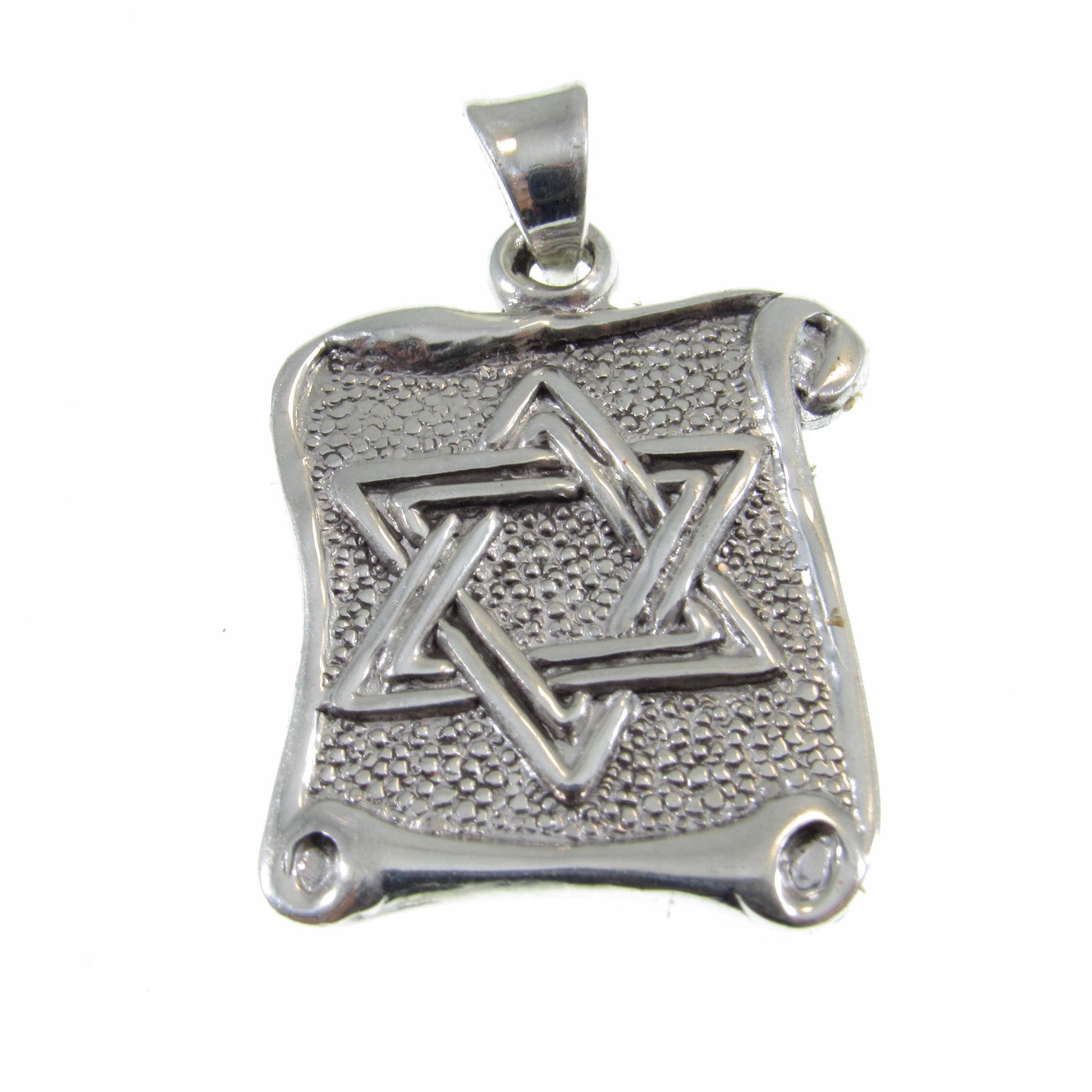 Solid 925 Sterling Silver Star of David Pendant with Scrolls, Hammered Metal on Parchment