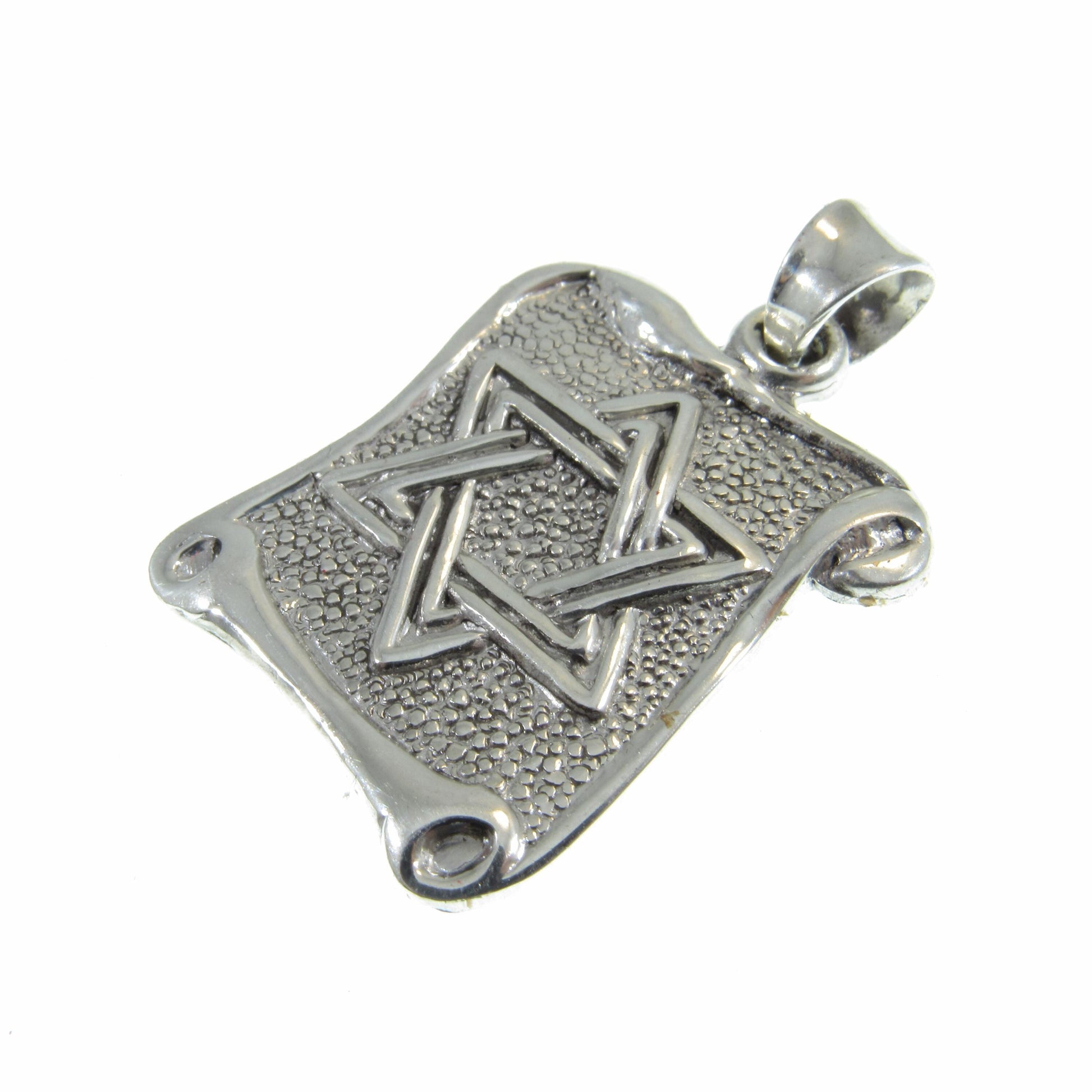 Solid 925 Sterling Silver Star of David Pendant with Scrolls, Hammered Metal on Parchment
