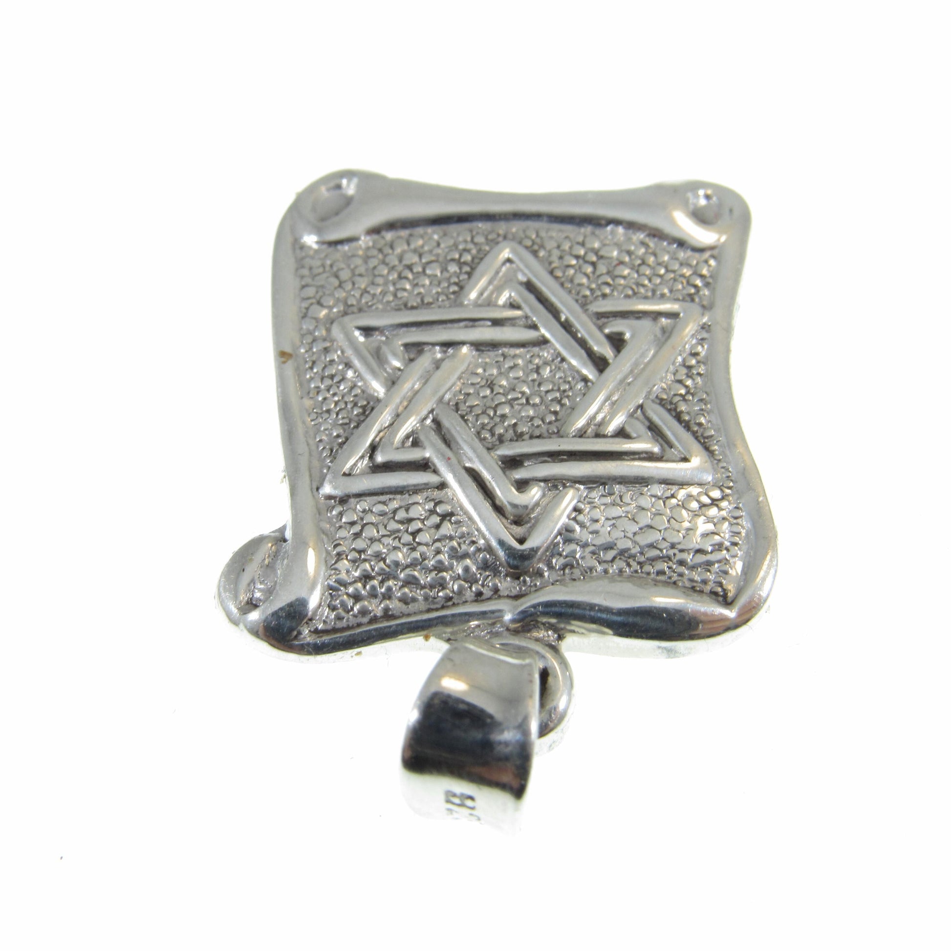 Solid 925 Sterling Silver Star of David Pendant with Scrolls, Hammered Metal on Parchment