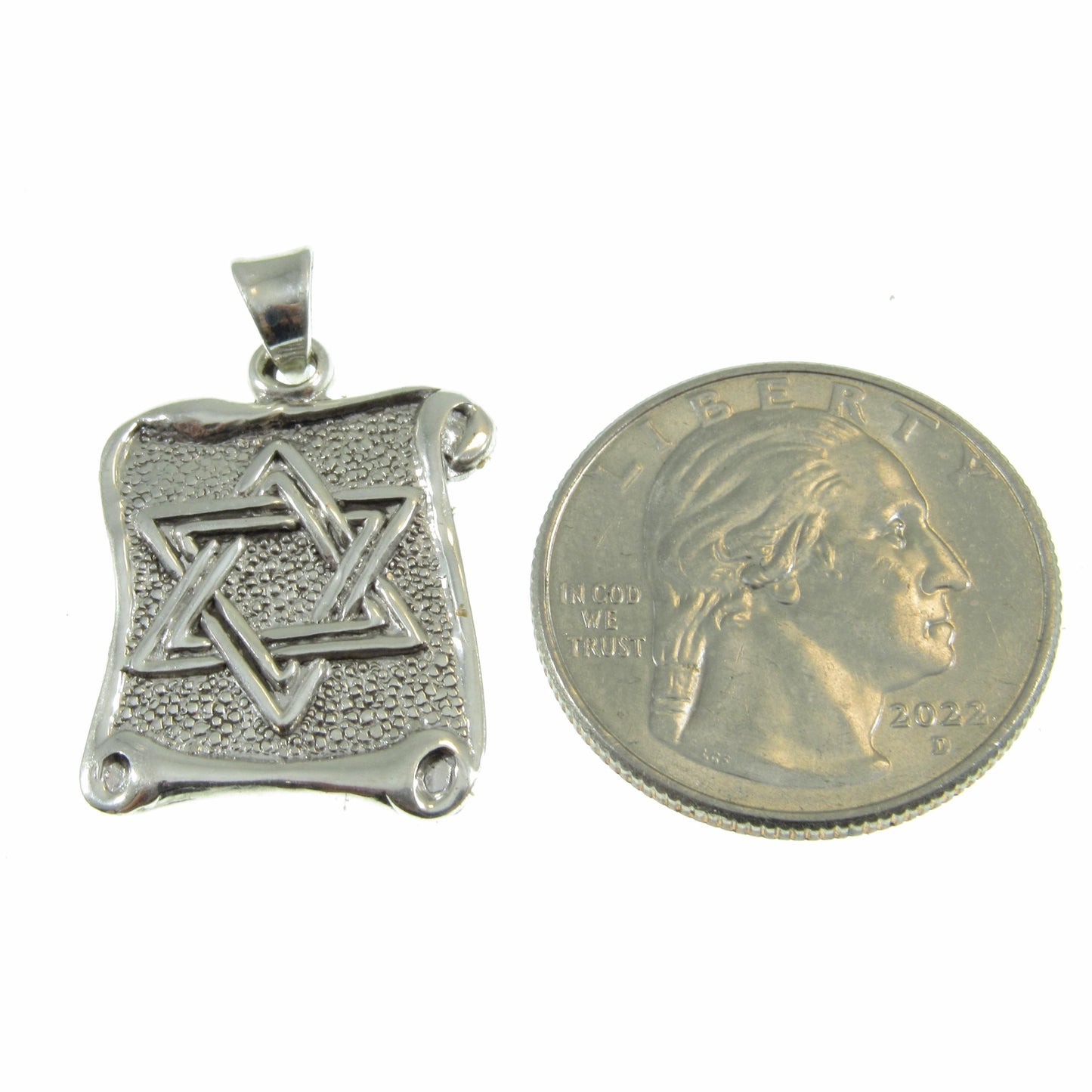 Solid 925 Sterling Silver Star of David Pendant with Scrolls, Hammered Metal on Parchment