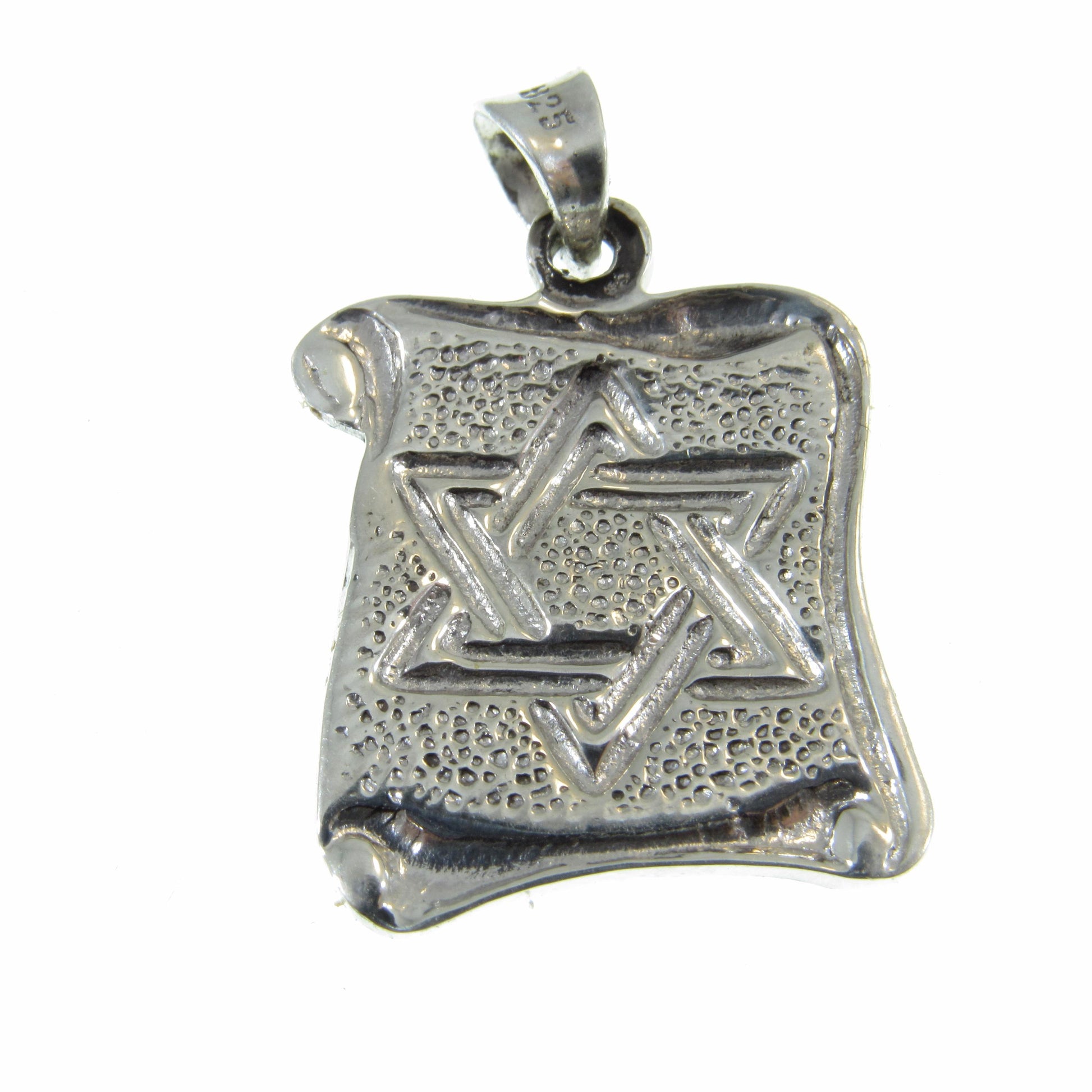 Solid 925 Sterling Silver Star of David Pendant with Scrolls, Hammered Metal on Parchment