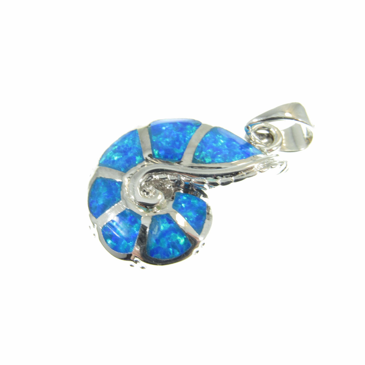 Solid 925 Sterling Silver and Blue Opal Shell Pendant, Nautilus Seashell Jewelry, Ammonite Fossil Charm, Sea Sand Ocean and Marine Interest