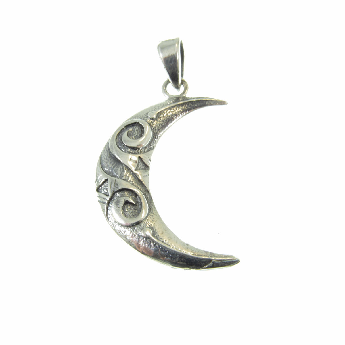 Solid 925 Sterling Silver Crescent Moon Pendant, Spiral Goddess Moon, Pagan Jewelry Charm