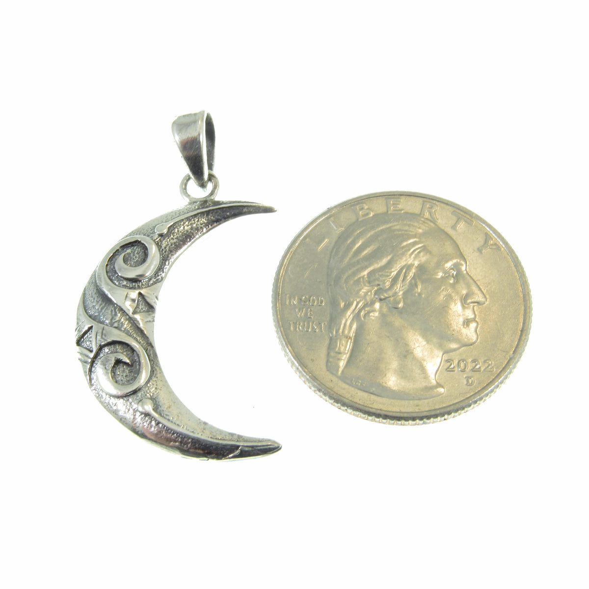 Solid 925 Sterling Silver Crescent Moon Pendant, Spiral Goddess Moon, Pagan Jewelry Charm