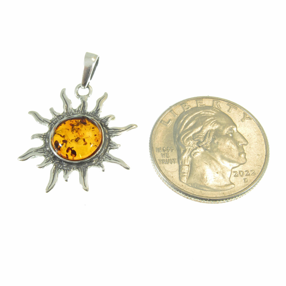 Solid 925 Sterling Silver Amber Sun Pendant – Baltic Amber Solar Necklace, Honey or Green