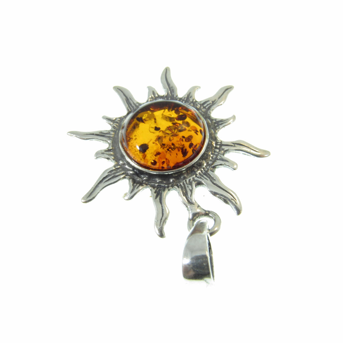Solid 925 Sterling Silver Amber Sun Pendant – Baltic Amber Solar Necklace, Honey or Green