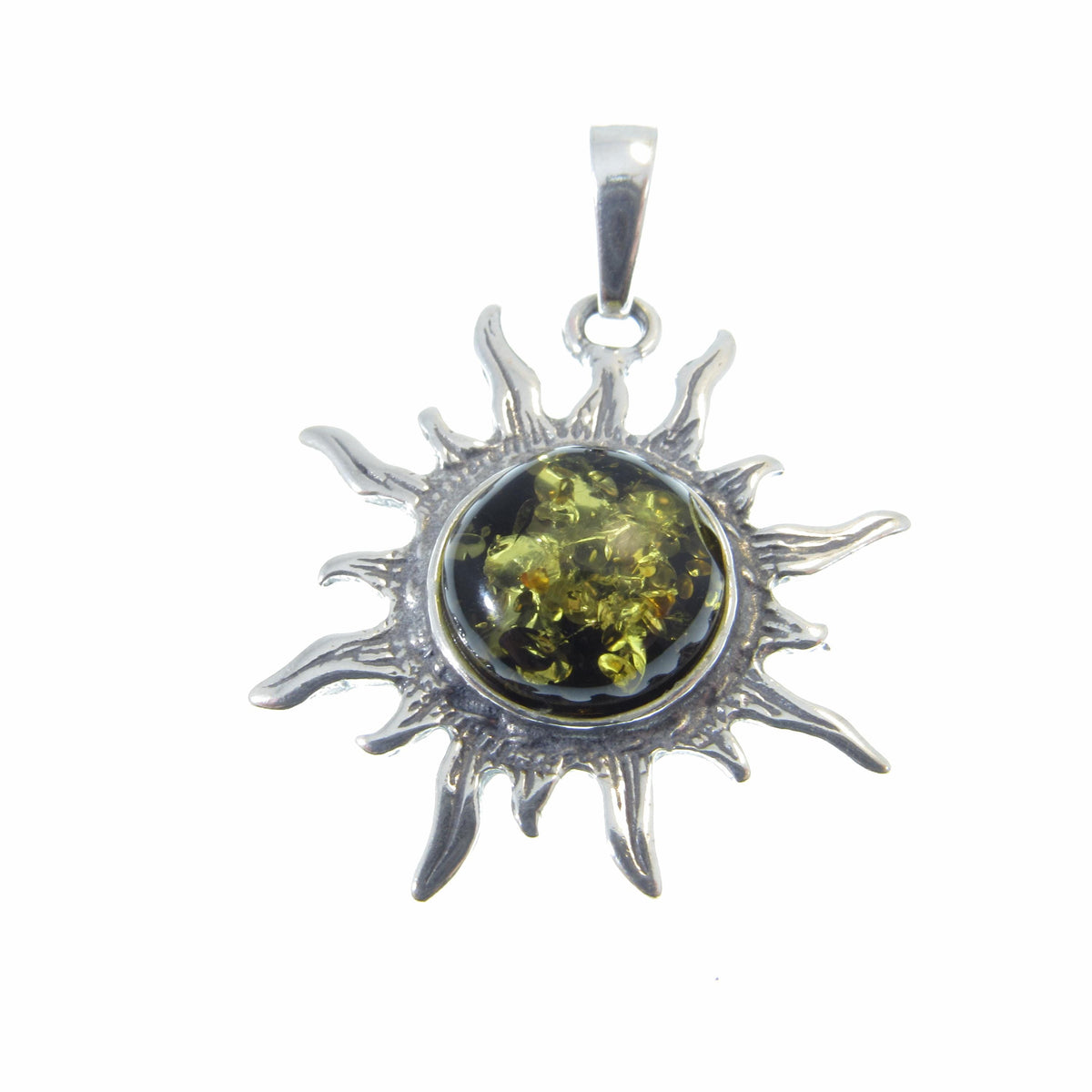 Solid 925 Sterling Silver Amber Sun Pendant – Baltic Amber Solar Necklace, Honey or Green