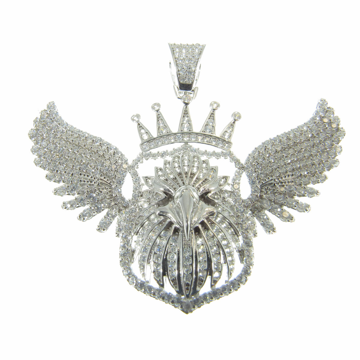Men's Solid 925 Sterling Silver Crowned Eagle Pendant, Rhodium Plated Hip Hop Jewelry, Iced Out White Clear CZs, Edgy Urban Patriot Jewelry