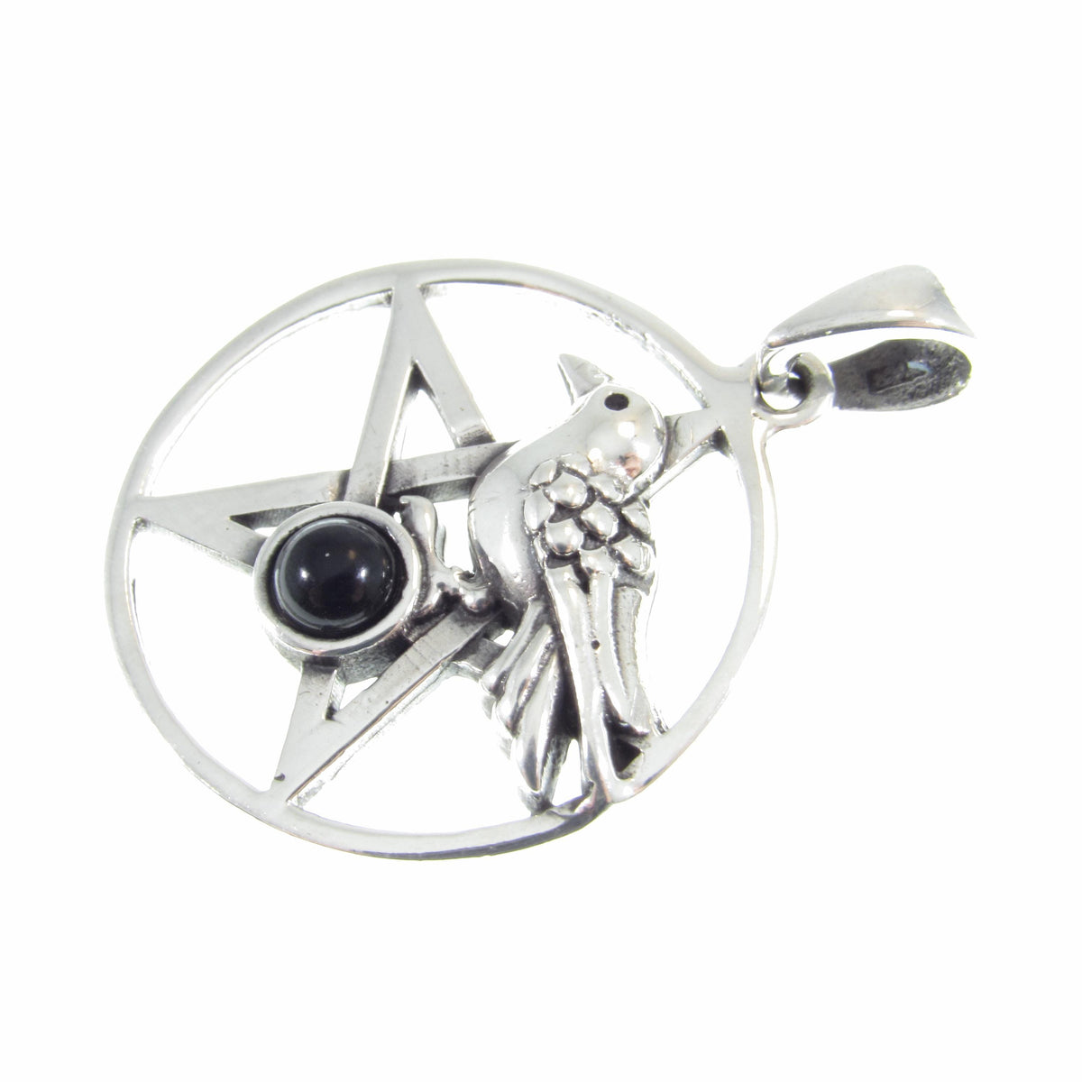 Solid 925 Sterling Silver Crow and Pentacle Pendant with Black Onyx, Gothic Raven Pentagram