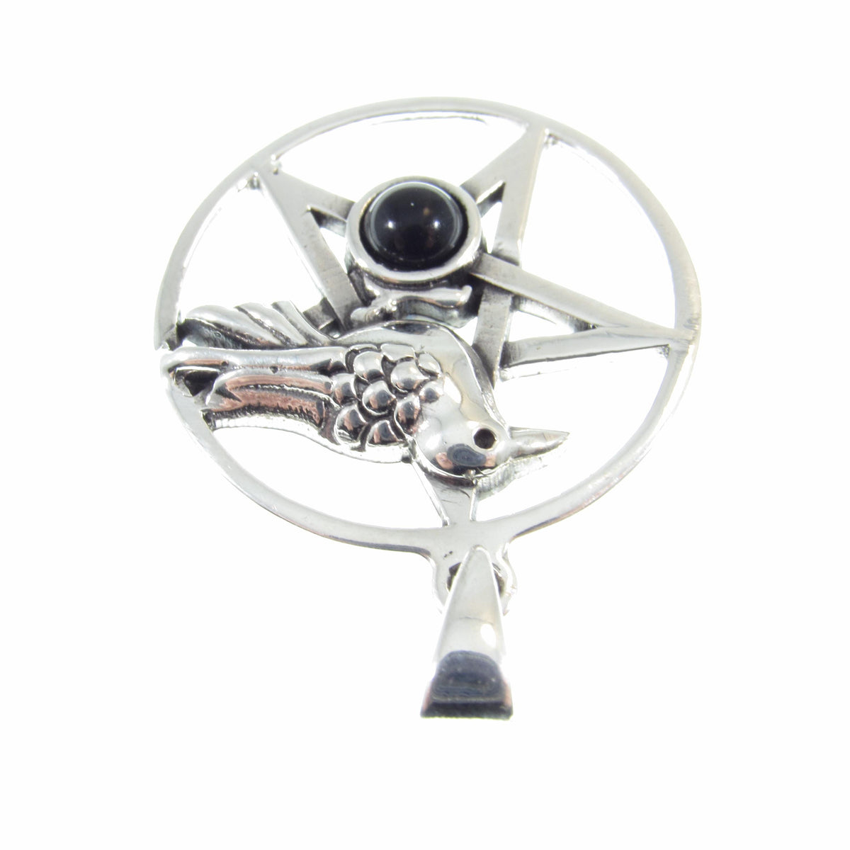 Solid 925 Sterling Silver Crow and Pentacle Pendant with Black Onyx, Gothic Raven Pentagram