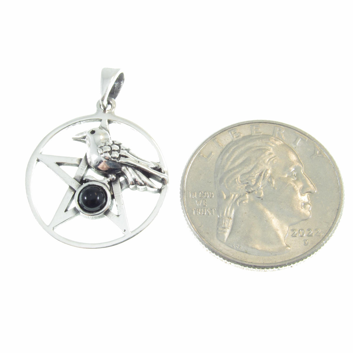 Solid 925 Sterling Silver Crow and Pentacle Pendant with Black Onyx, Gothic Raven Pentagram