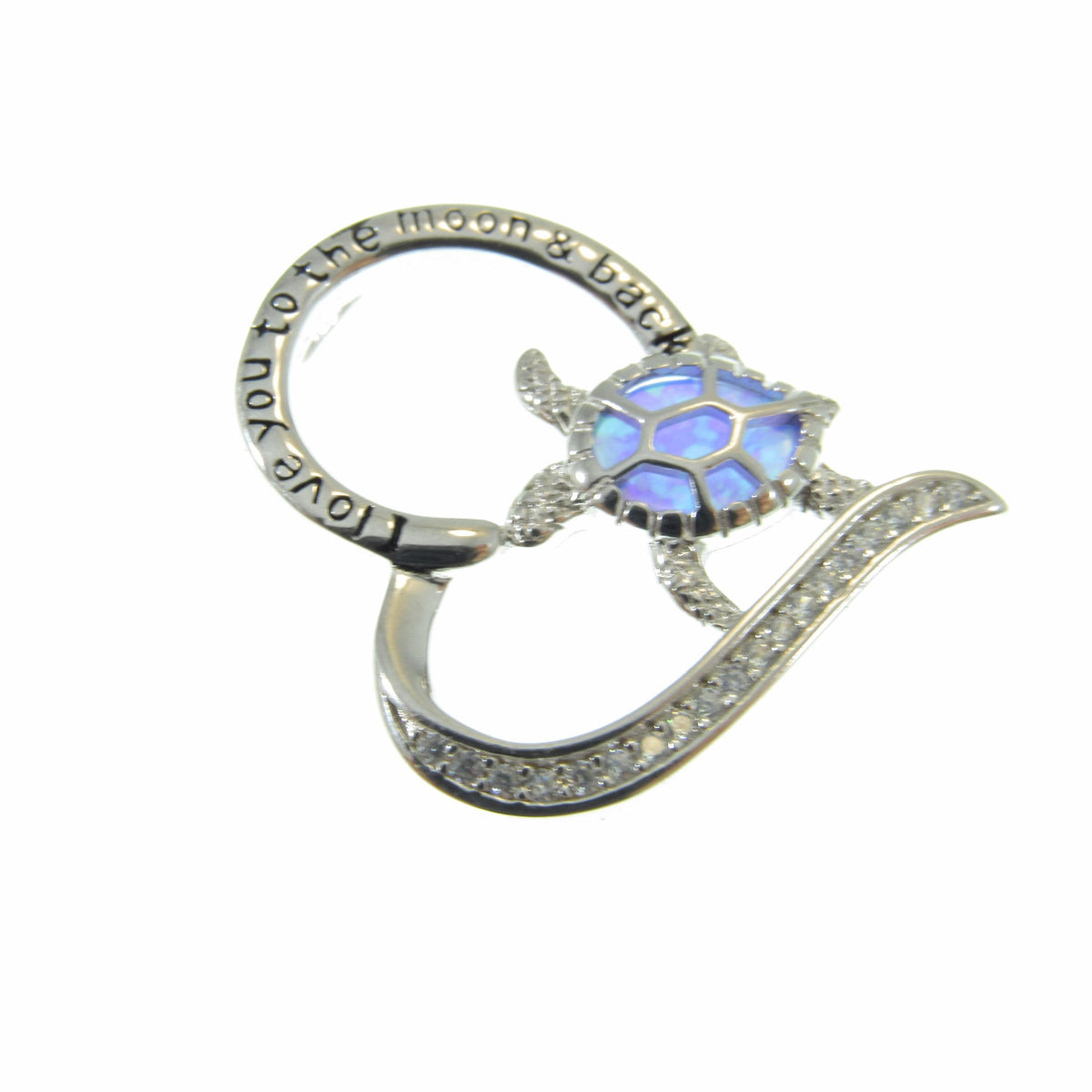 Solid 925 Sterling Silver and Blue or White Opal Turtle Heart Pendant, Engraved "I Love You to the Moon and Back" Handcrafted Jewelry
