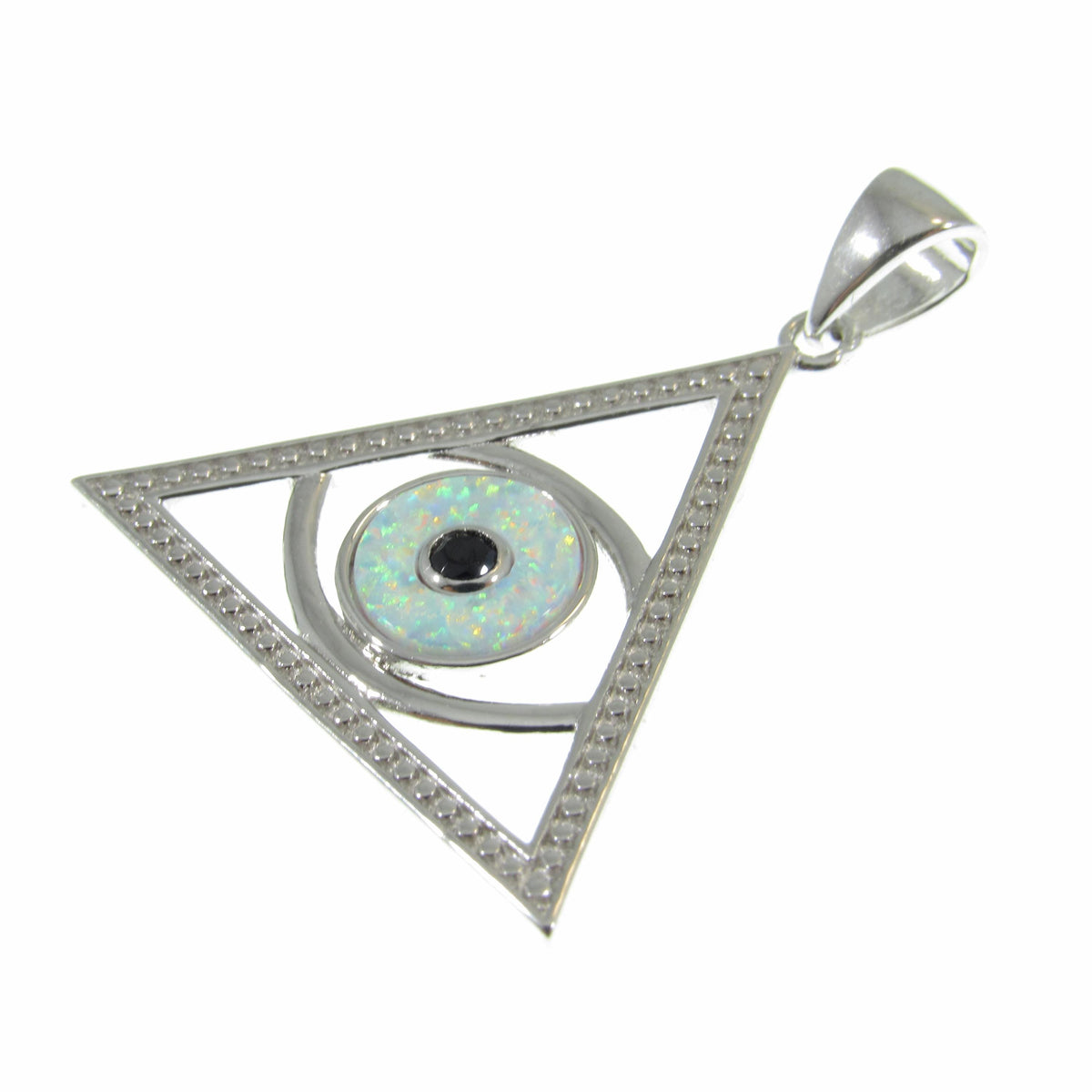 Solid 925 Sterling Silver and Blue or White Opal Eye of Providence Pyramid Pendant, Handcrafted All Seeing Eye in Triangle Charm
